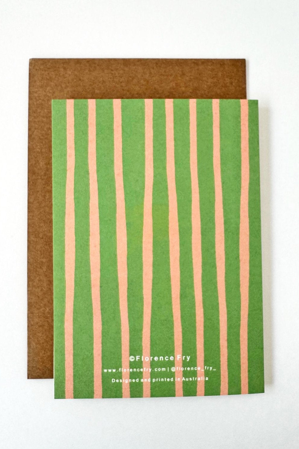 The Florence Fry "Happy Birthday Sweetness" card features irregular vertical green and pink stripes and comes with a plain recycled Kraft envelope. The bottom displays the FLORENCE FRY brand name and website.