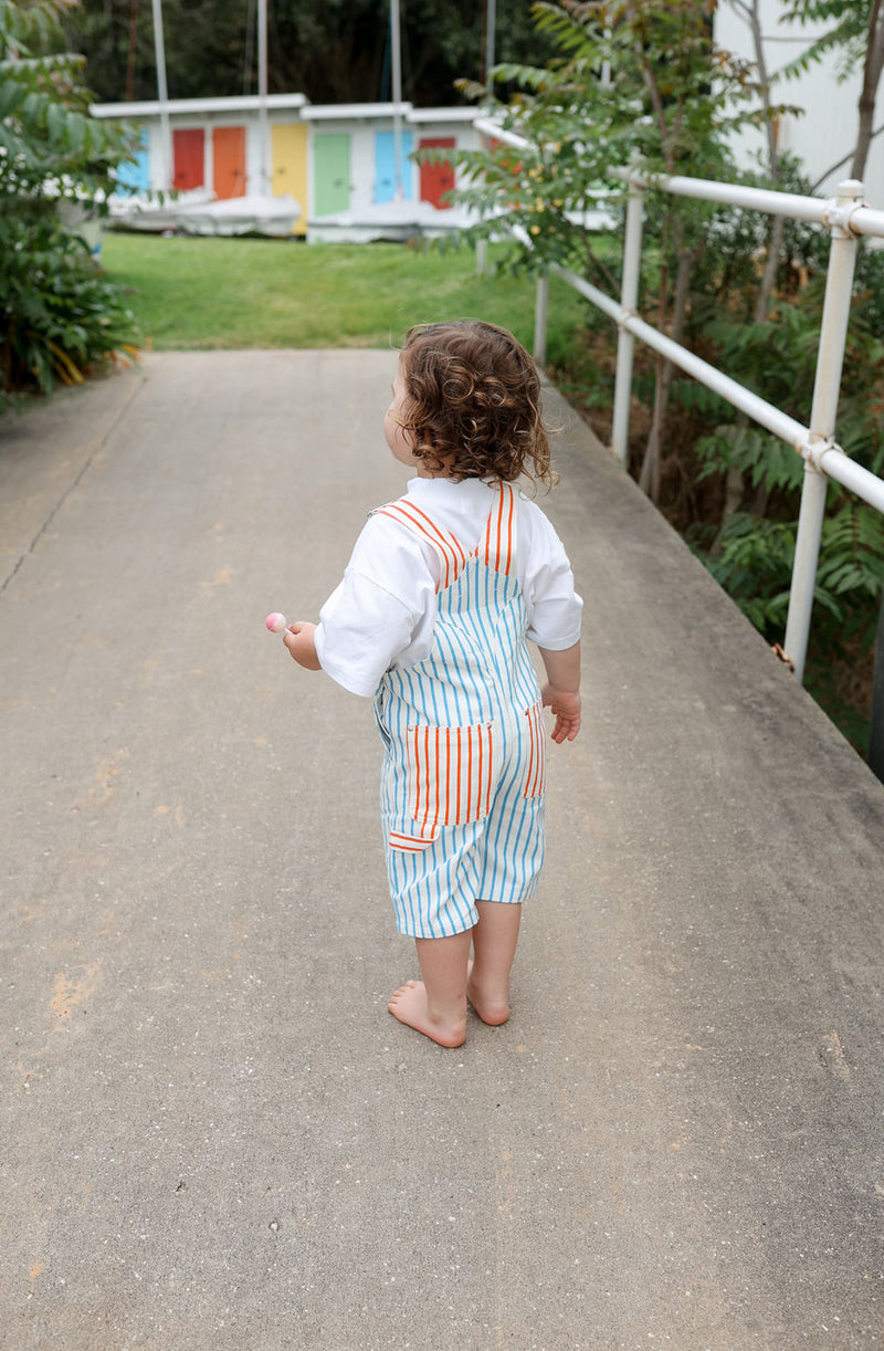 Toddler turned away from the camera to show the bum pocket detail of overalls