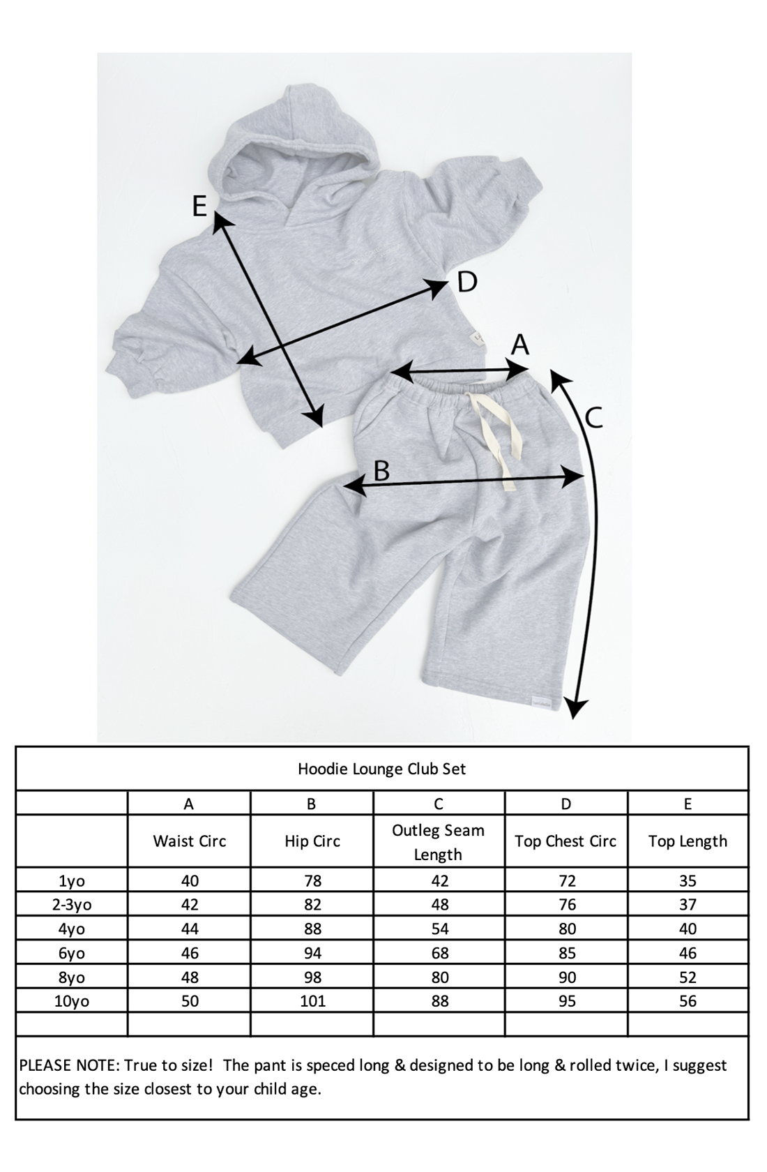 Image showing a grey Logo Hoodie Set Grey Marle by TWIN COLLECTIVE, featuring an oversized track pants set made from Loopback Terry fleece with measurement points labeled A through E. A size chart below provides waist, hip circumference, outleg seam length, top chest circumference, and top length for ages 1-10 years. An additional note suggests sizing guidance.