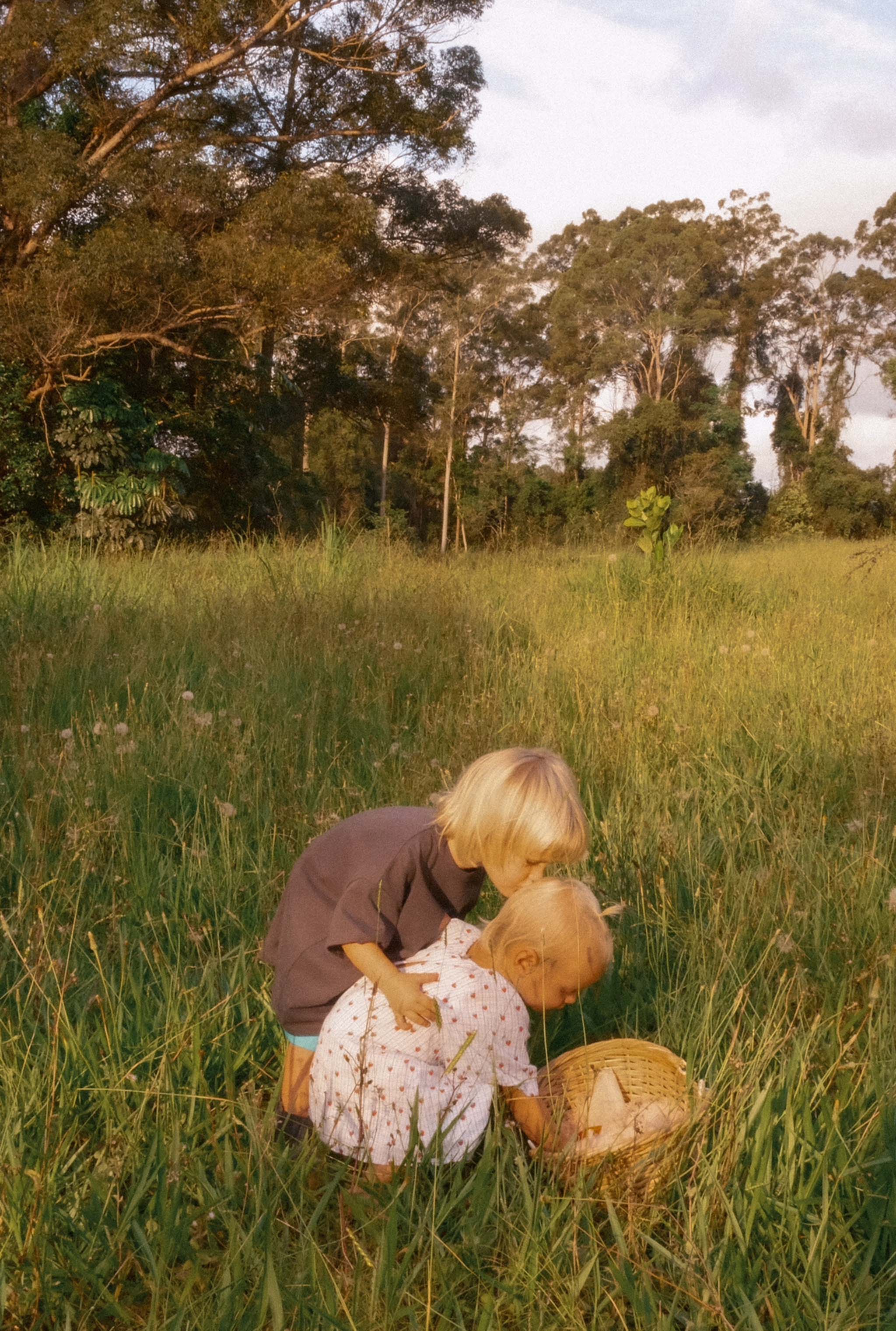 Two young children in a grassy field examine items in a wicker basket. The child on the left, with short blond hair, wears a navy shirt with a gathered neckline. The other child, with lighter hair, is dressed in the ethically made JUNI JNR Penny Dress Strawberry Check - Size 4. Tall trees are visible in the background.