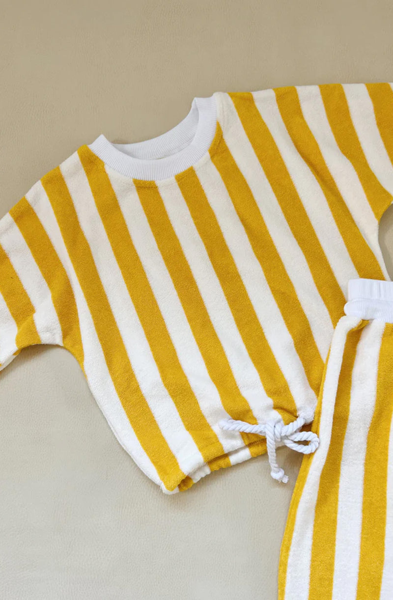 Close up of yellow striped terry top