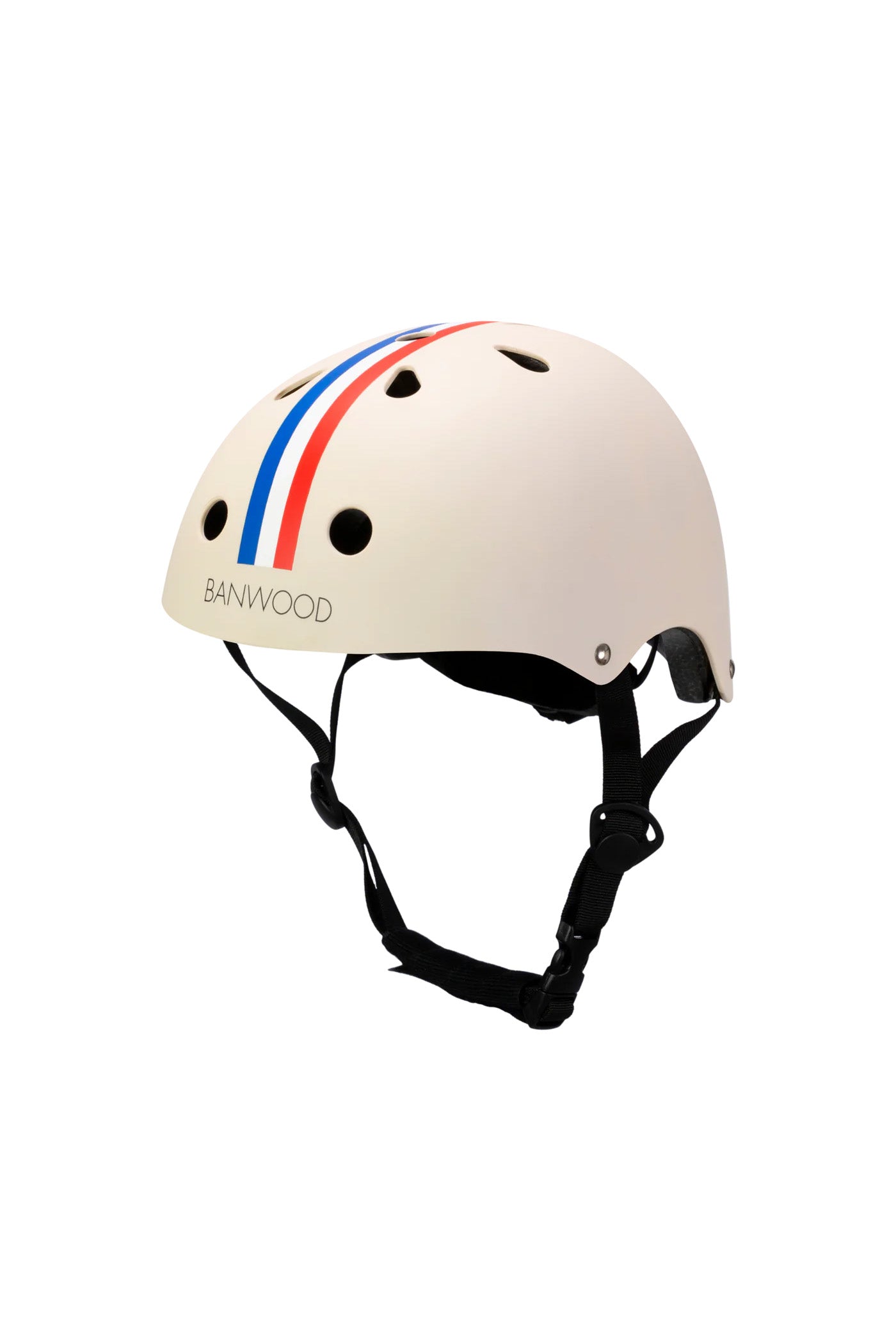 Introducing the Banwood Classic Helmet Stripes, a white children's helmet adorned with red and blue stripes on top. It comes equipped with ventilation holes and black adjustable straps, providing both comfort and safety. The word "BANWOOD" is prominently displayed on the side, seamlessly blending style with protection.