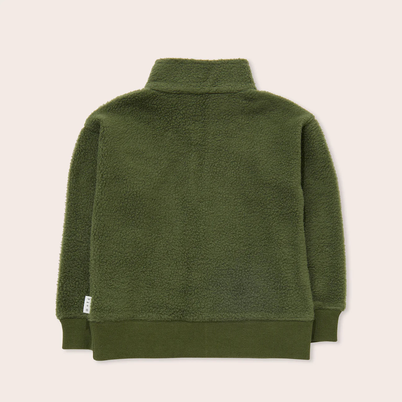 An Olive Zip Pullover by OLIVE + THE CAPTAIN, featuring a high collar and ribbed cuffs. The 90's inspired design sports a plain back view with a subtle tag on the left side near the hem. The texture feels soft and warm, making it perfect for cooler weather. This piece is ethically made using premium cotton for added comfort.