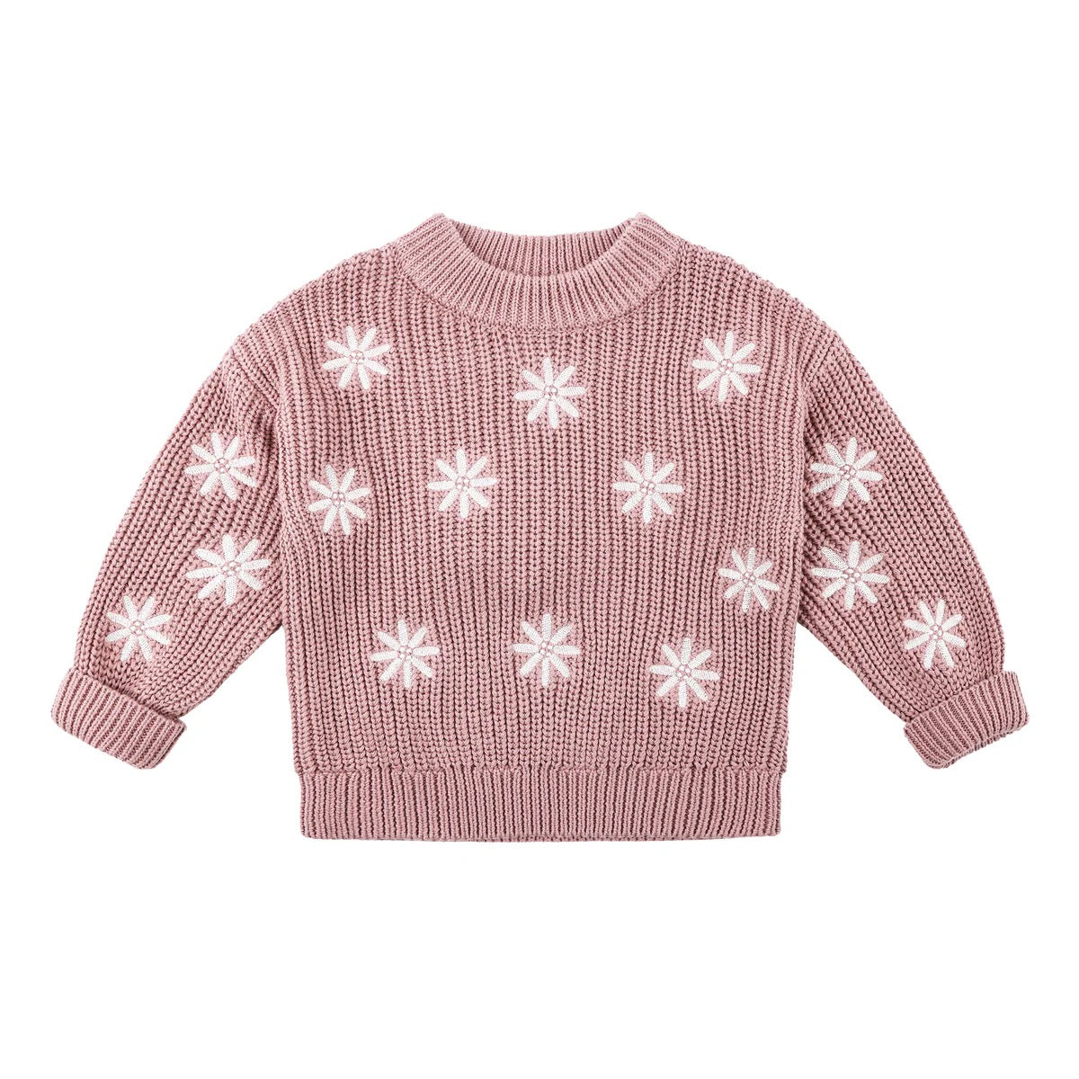 The Kynd Baby - Embroidered Knit Jumper Wood Rose by KYND BABY is a mauve knit jumper with white snowflake embroidery, ribbed crew neckline, and rolled sleeve cuffs.