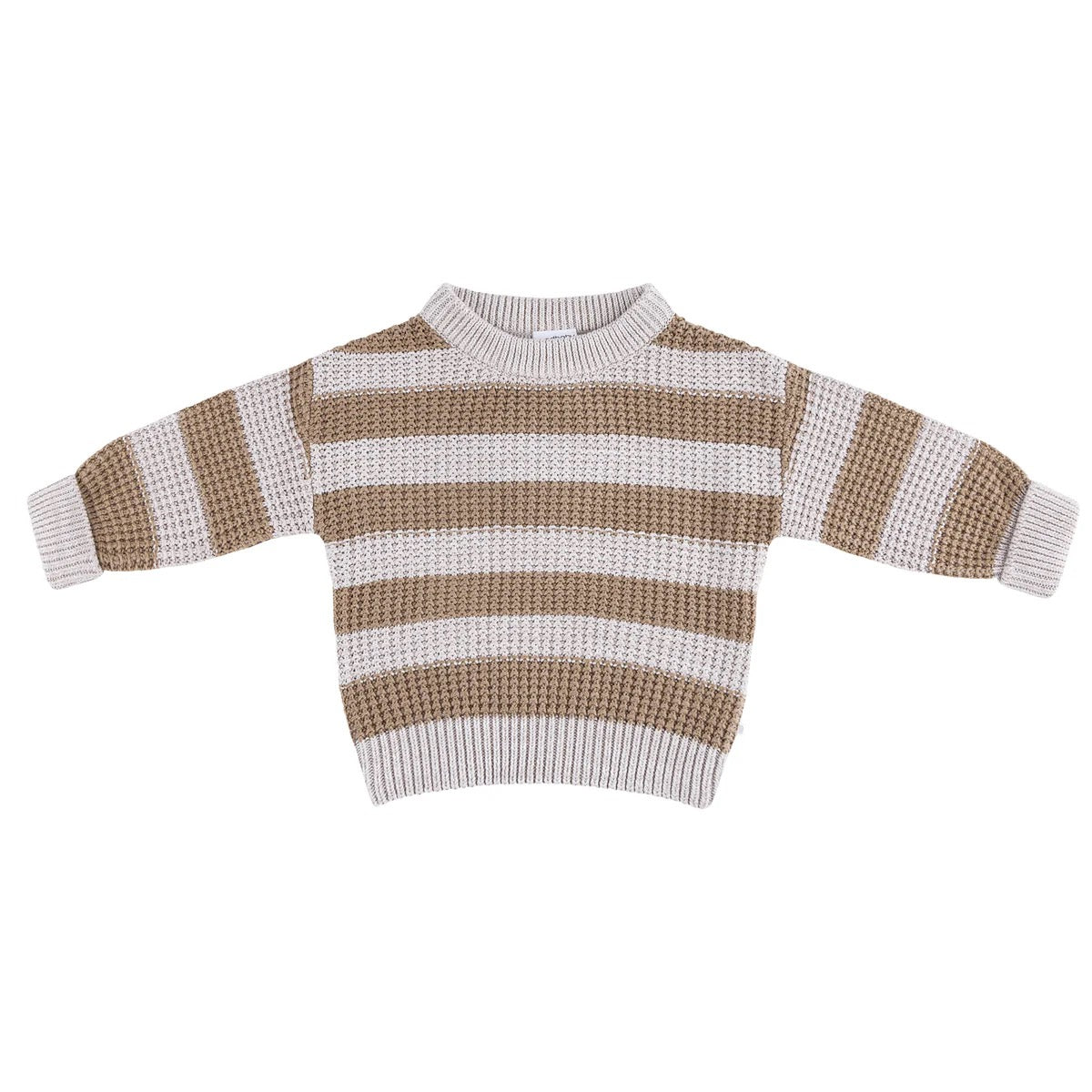 The KYND BABY Kynd Baby - Organic Textured Knit Jumper Caramel Stripe is a soft organic cotton jumper with wide beige and white stripes, long sleeves, and ribbed trims—gentle on newborn skin.