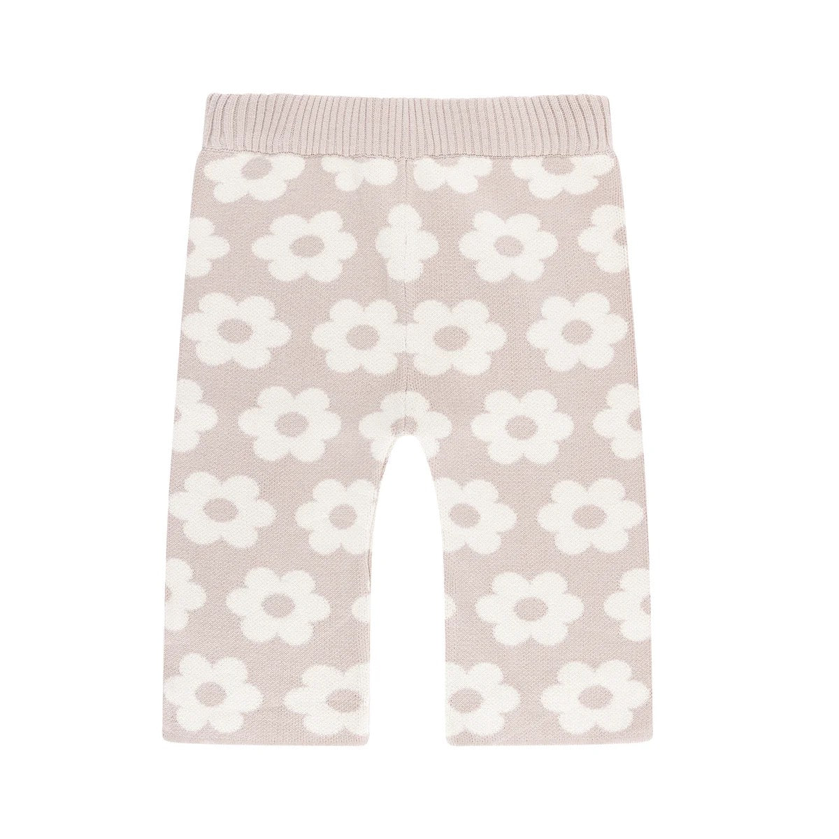The Kynd Baby - Knit Flare Pants Neutral Flower by KYND BABY feature a beige jacquard knit with large white flowers, an elastic waistband, and organic cotton fabric, laid flat on white for a charming vintage look.