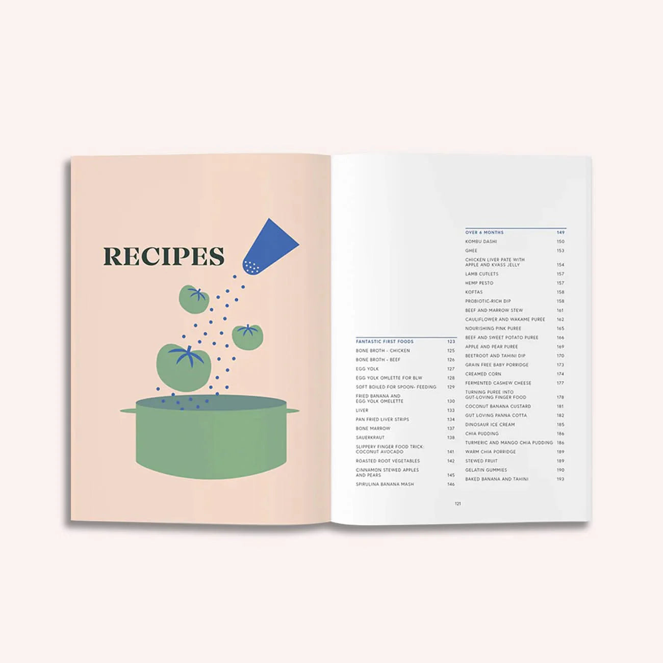 An open copy of "Milk to Meals" by Luka McCabe (Boob to Food) shows tomatoes and salt falling into a pot on the left page, and a baby food recipe index with dish names and page numbers for starting solids on the right.
