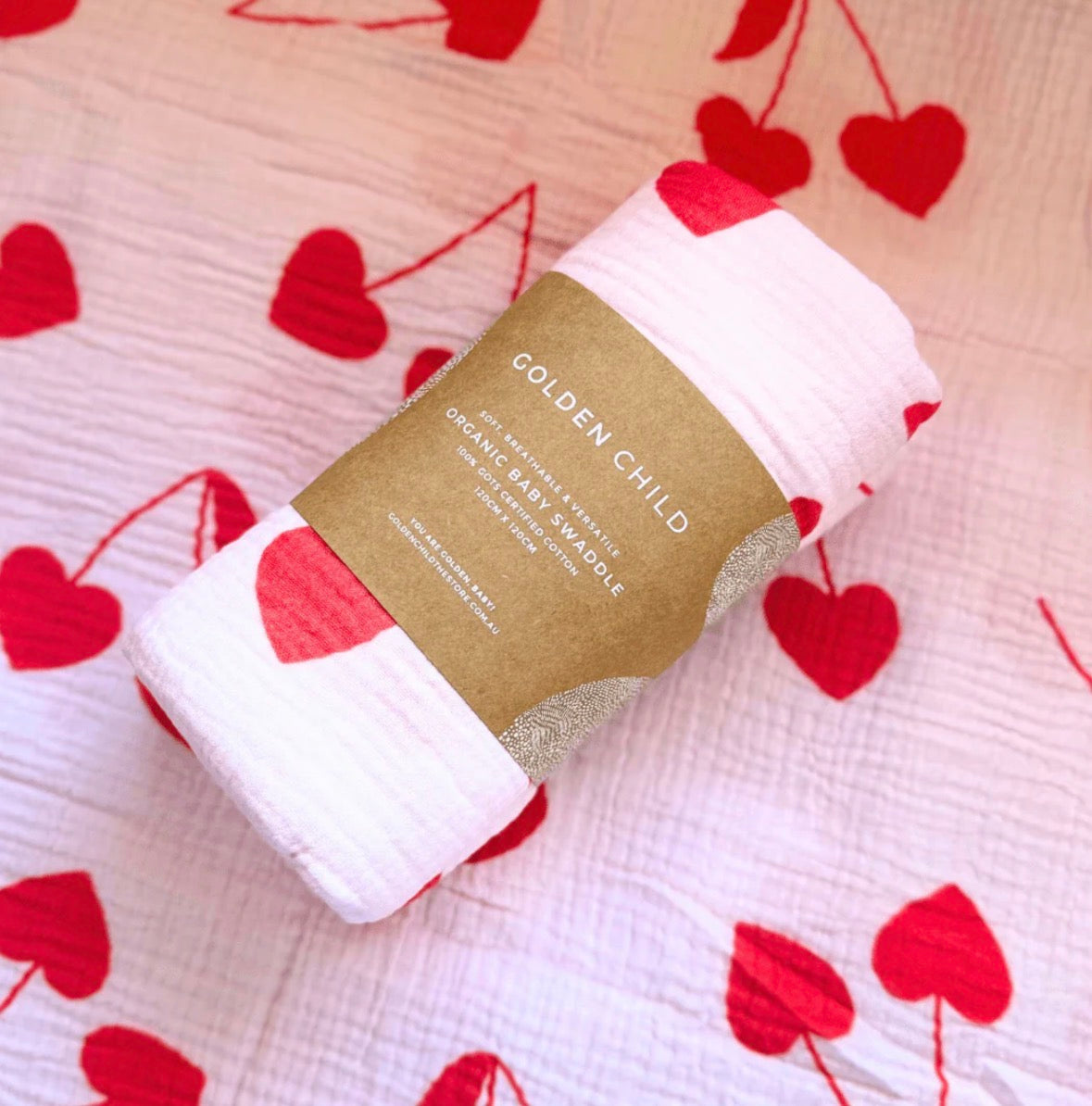 Golden Child - Cherry Heart Organic Cotton Baby Muslin Wrap Swaddle