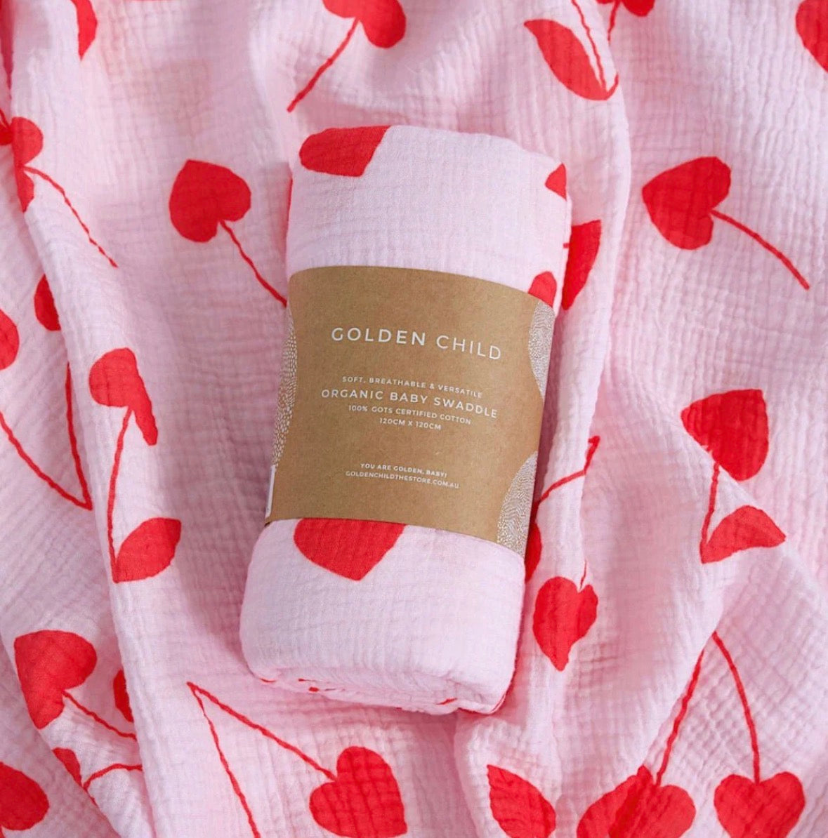 Golden Child - Cherry Heart Organic Cotton Baby Muslin Wrap Swaddle