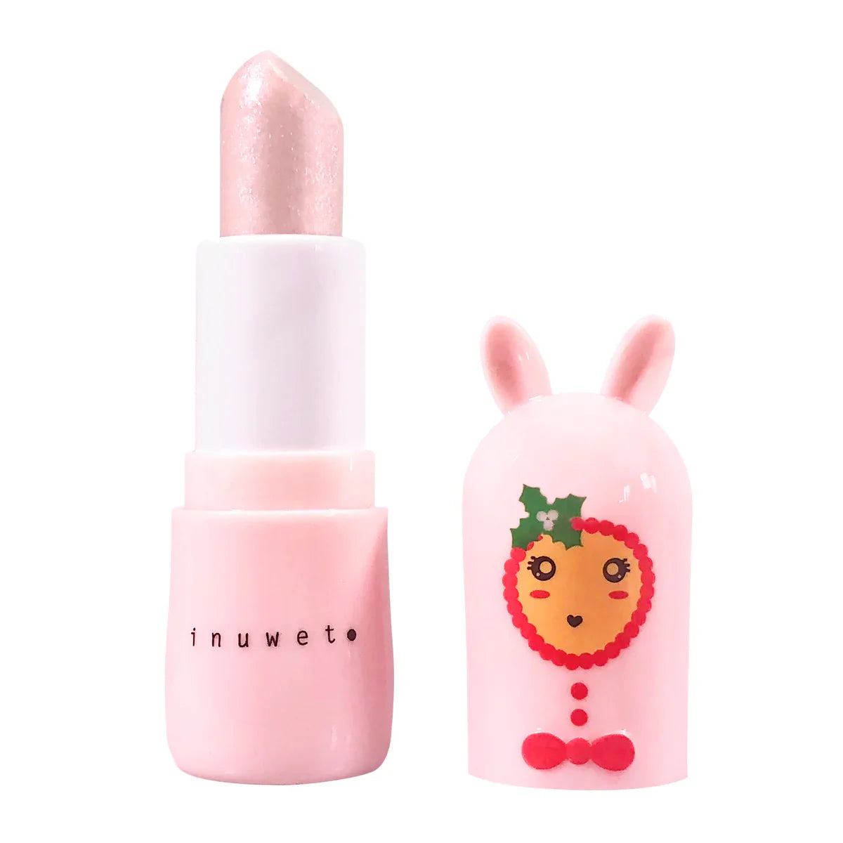 The "Christmas Lip Balm Candy Cane" features a light pink lipstick housed in a decorative tube adorned with an adorable, festive face, complete with holly on the lid and pink bunny ears. Made using natural ingredients and cruelty-free practices, the brand name "INUWET" is stylishly printed on the lower part of the tube.