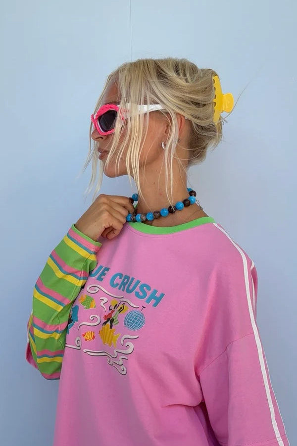 Spicy Dugong - Adults Blue Crush Layered Long Sleeve Pink/Green