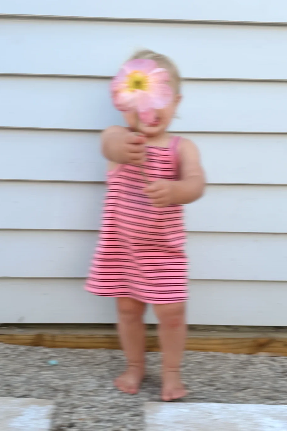 In a timeless Bobbi Rib Dress in pink and red stripe by MILKY DESIGNS, a toddler holds a large pink flower that obscures their face, standing barefoot on a concrete surface against a white clapboard wall.