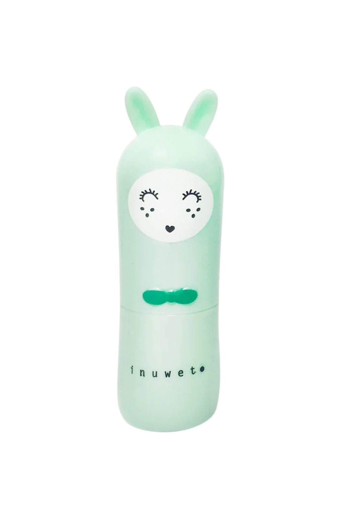 A cute, small figure-shaped mint green lip balm container with rabbit ears. The front displays a white face adorned with eyelashes, a heart-shaped nose, and rosy cheeks. Infused with nourishing shea butter, this cruelty-free Bunny Lip Balm Apple by INUWET offers a delightful green apple smoothie scent.