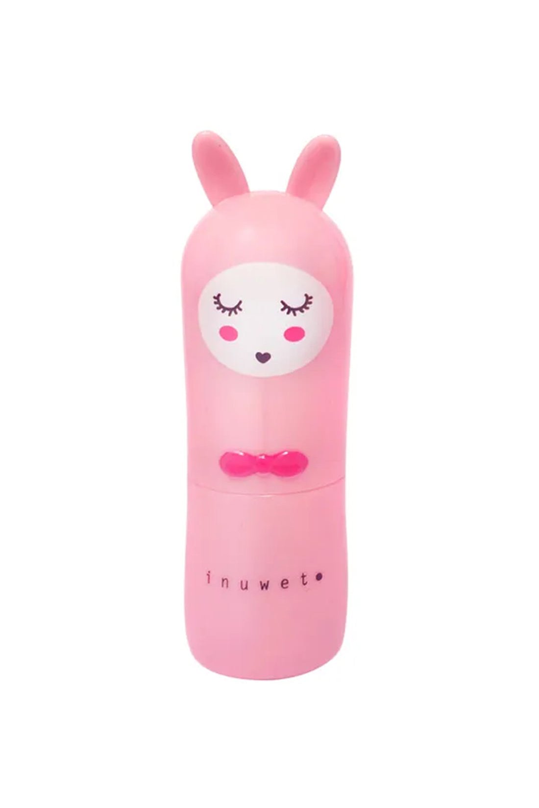 Introducing the INUWET Bunny Lip Balm Strawberry: A cute, pink lip balm shaped like a bunny character with closed eyes, rosy cheeks, and a small, smiling mouth. Enriched with nourishing shea butter and featuring a delightful strawberries and cream scent, the cap boasts bunny ears while the body is adorned with a pink bow. The brand name "INUWET" is elegantly printed at the bottom.