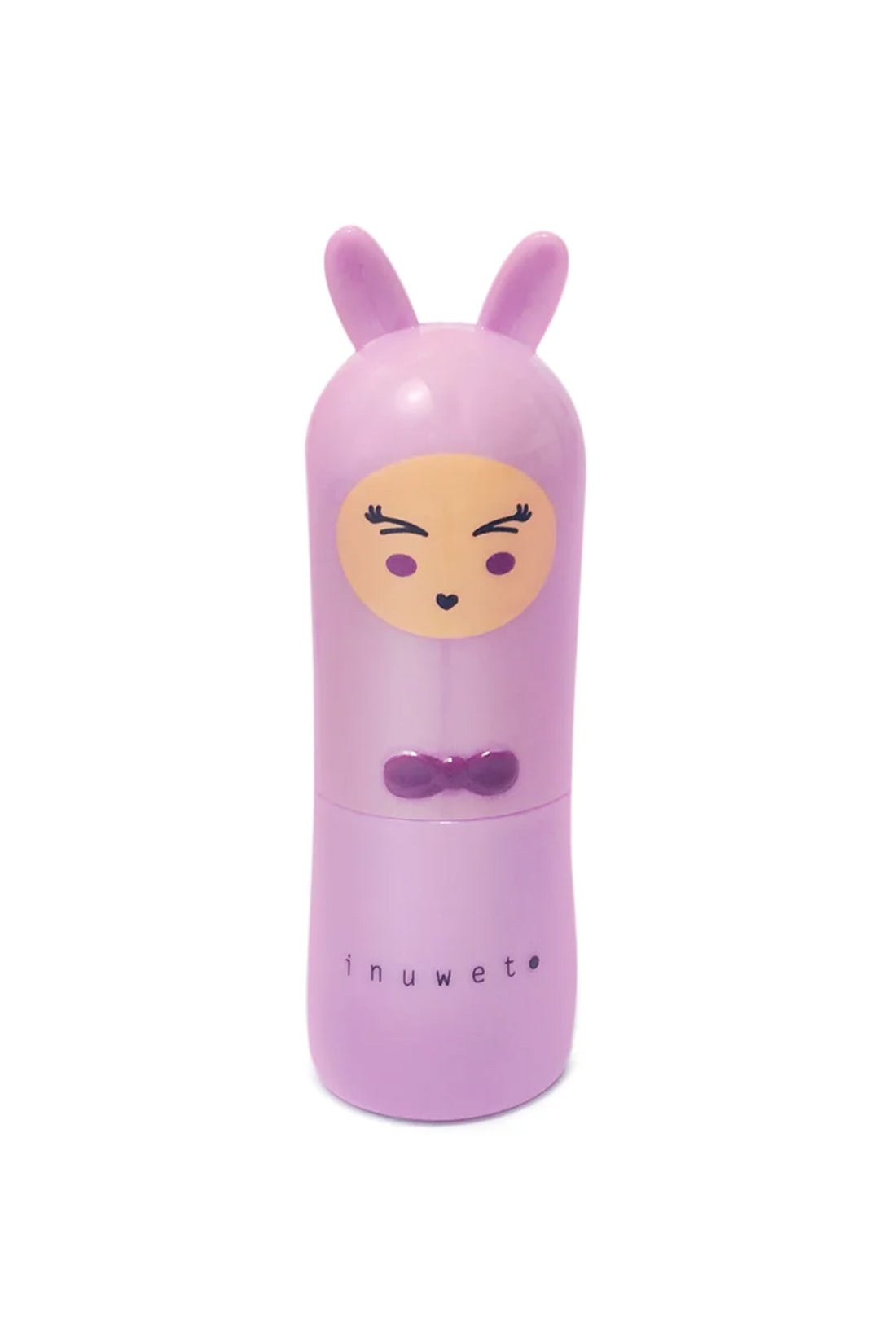 Introducing the Bunny Lip Balm Marshmallow by INUWET, a charming lip balm container designed in the shape of a purple cartoon character with bunny ears. The character features a smiling face with closed eyes and is adorned with a small purple bow tie. Infused with nourishing shea butter, this vegan-friendly product features "inuwet" printed on the lower part of the container.