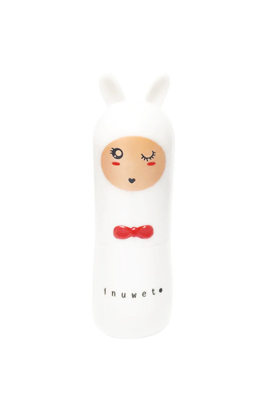 A Bunny Lip Balm Cotton Candy from INUWET, featuring a white case shaped like a cute character with rabbit ears, a winking face, and a red bow tie. The body is inscribed with "INUWET" at the bottom. This vegan lip balm is packed with shea butter and boasts a whimsical and playful aesthetic.