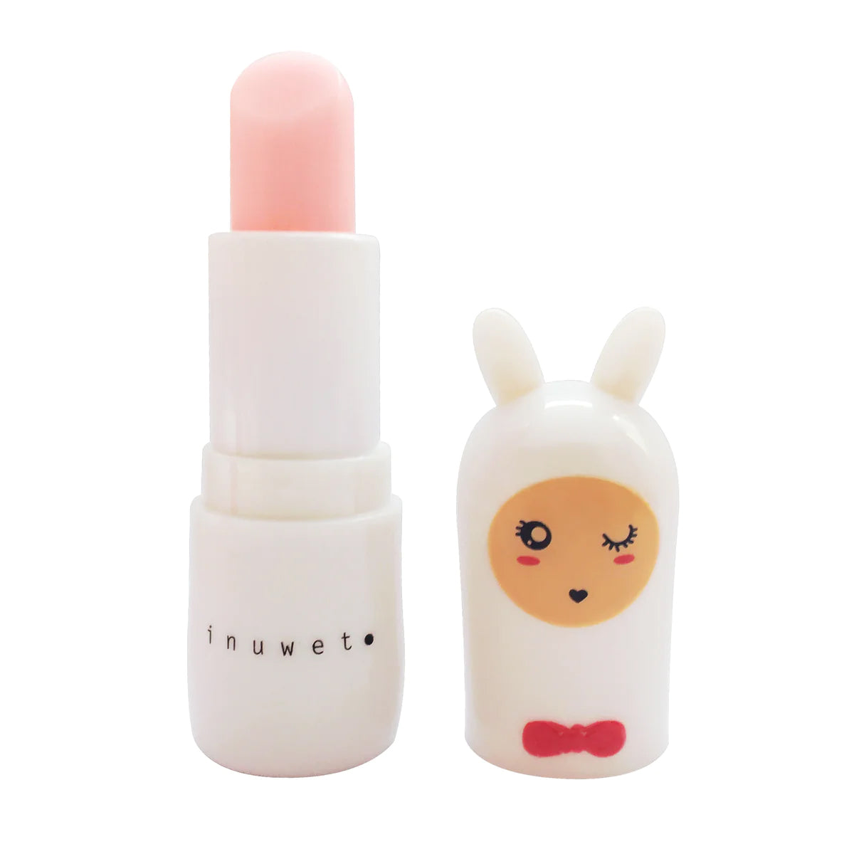 The Bunny Lip Balm Cotton Candy by INUWET is a vegan pink lip balm with shea butter, housed in a white tube labeled "INUWET," featuring an adorable character cap with bunny ears, a winking face, pink cheeks, and a red bow tie.