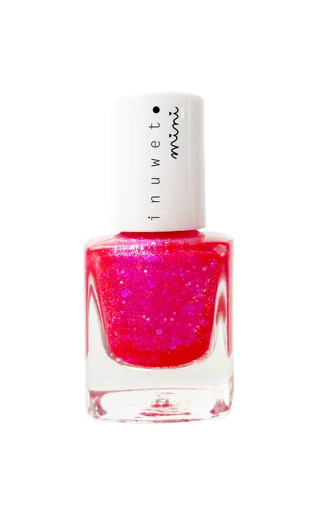 A small bottle of INUWET's Scented Water Based Nail Polish in Pink Fushia/Strawberry, featuring a bright pink glitter shade with a white cap labeled "inuwet mini" in black text. This vegan, non-toxic nail polish adds a touch of sparkle to your style.