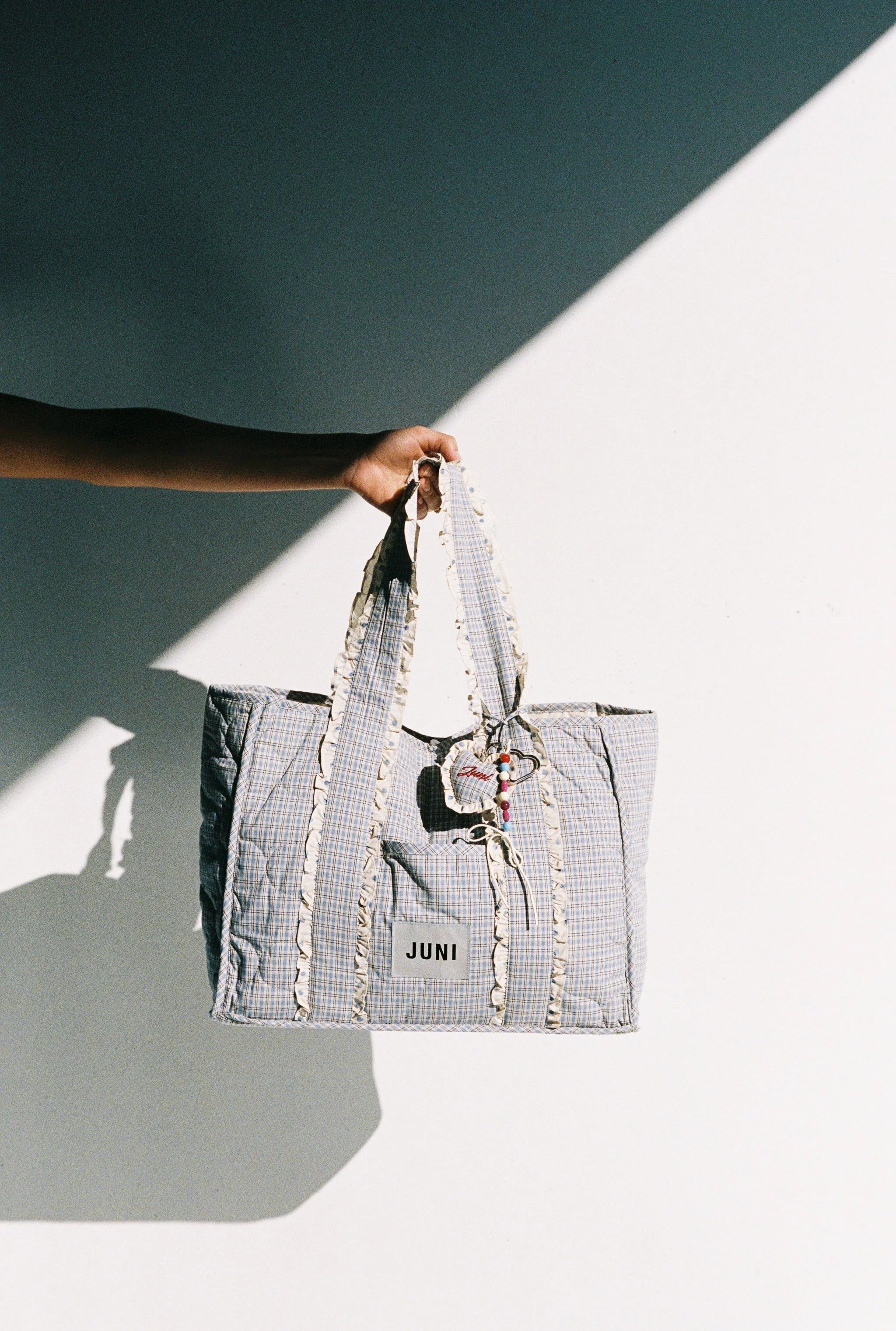 JUNI - Heart Bag Charm Blue Check