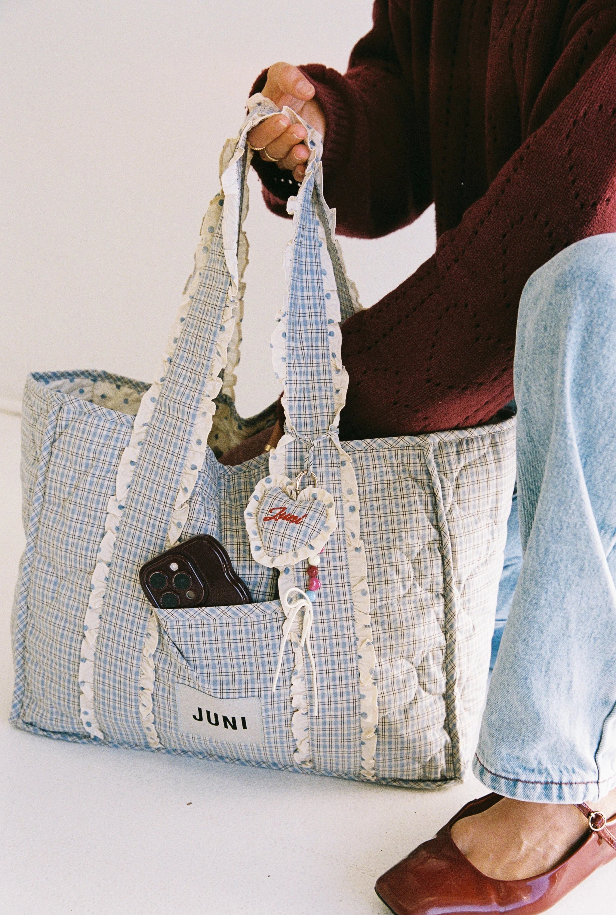 JUNI - Heart Bag Charm Blue Check