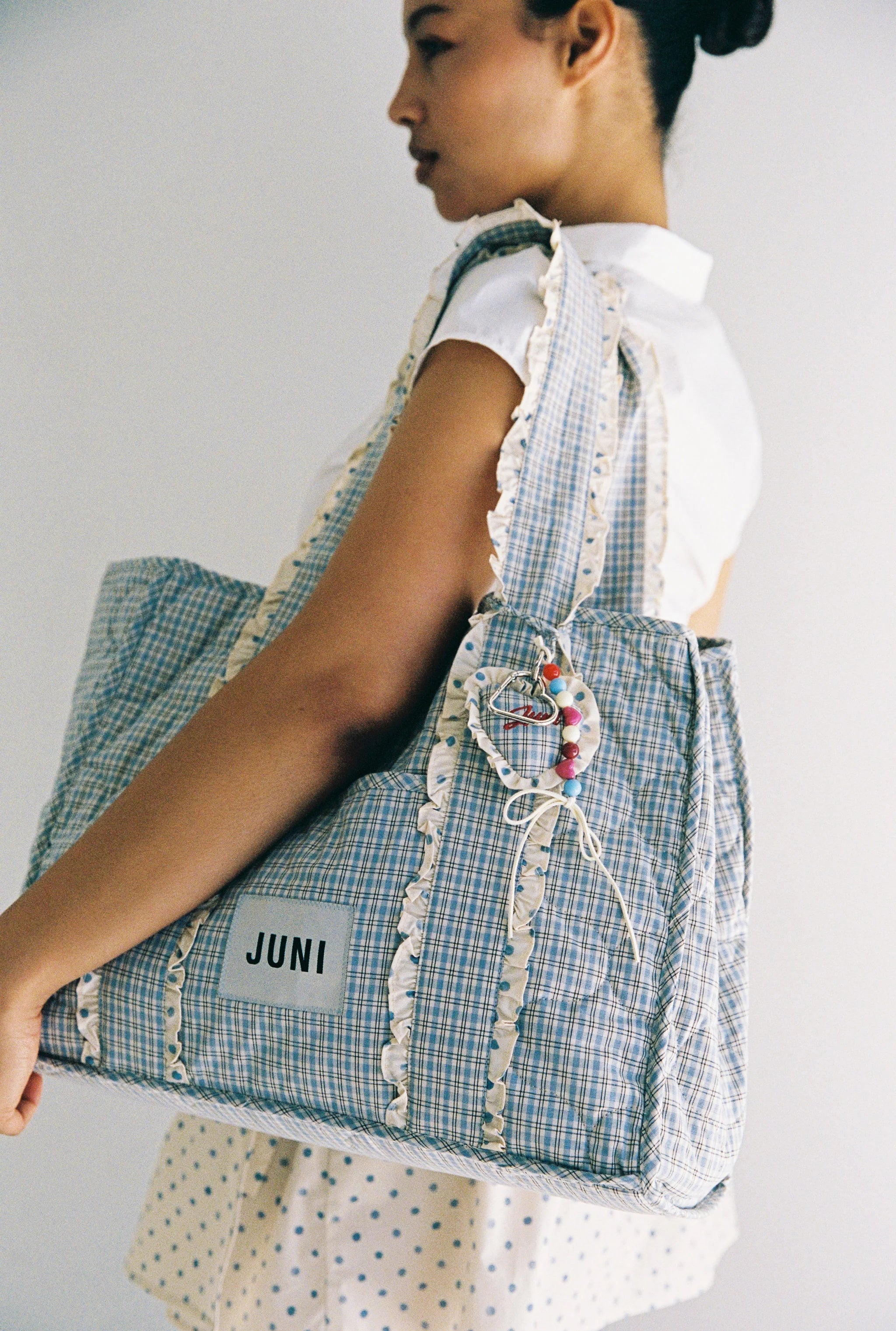 JUNI - Heart Bag Charm Blue Check