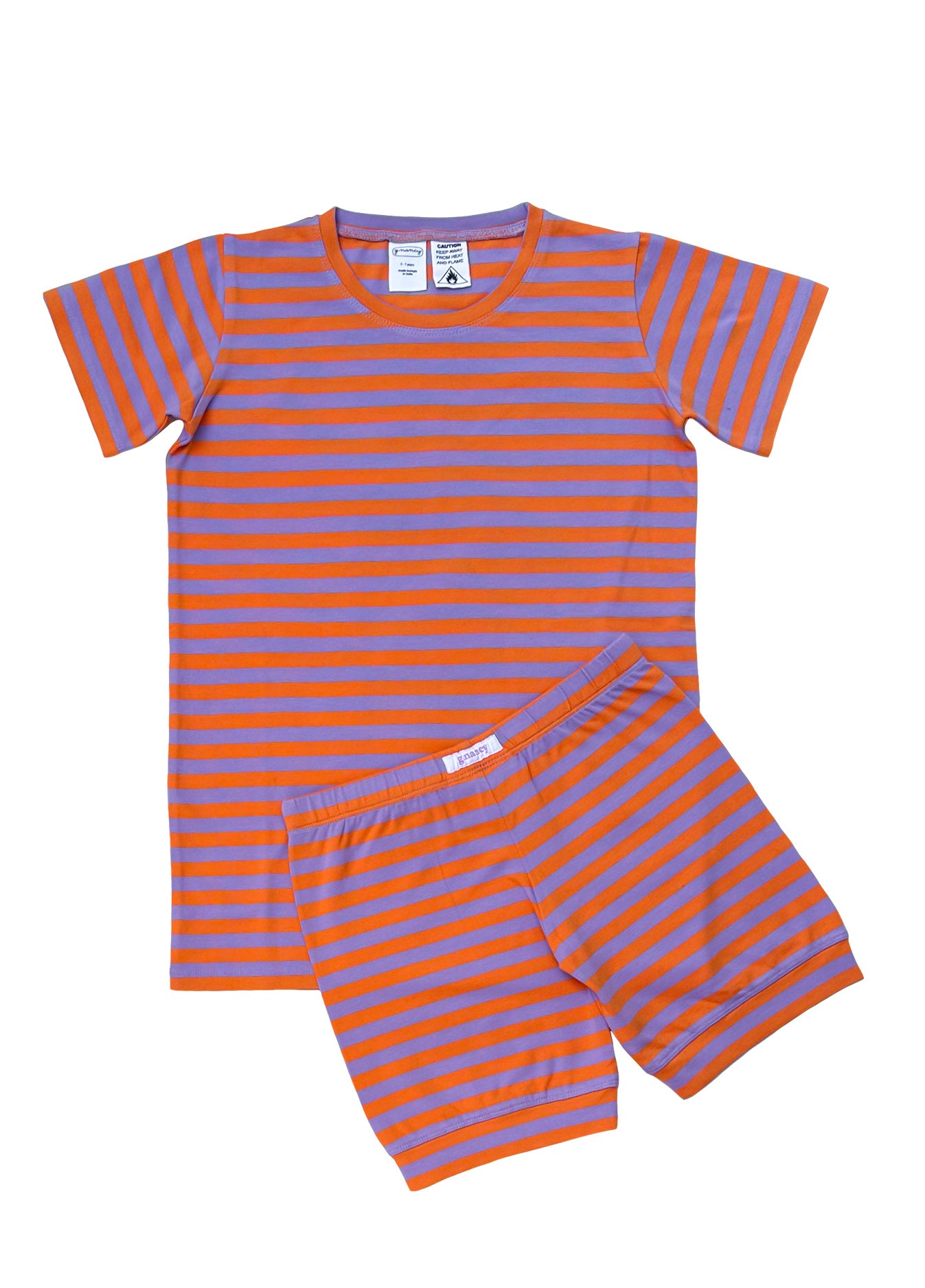 The Stripe Shortie PJ Set in Jacaranda/Peel by G.NANCY offers a snug-fitting short-sleeved shirt and shorts ensemble made from organic cotton jersey, featuring vibrant horizontal orange and purple stripes. Displayed laid flat on a white background, this limited edition set showcases the stylish front of both pieces.