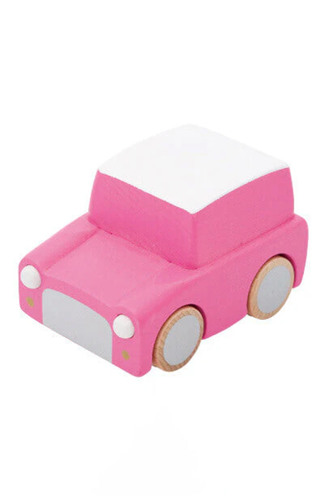 The Kuruma Wooden Wind Up Car Pink by KIKO & GG is a small toy car in pink with white windows and gray wheels, crafted from sustainably sourced beech wood. The car's minimalist design draws inspiration from Japanese aesthetics, boasting rounded edges and basic detailing.