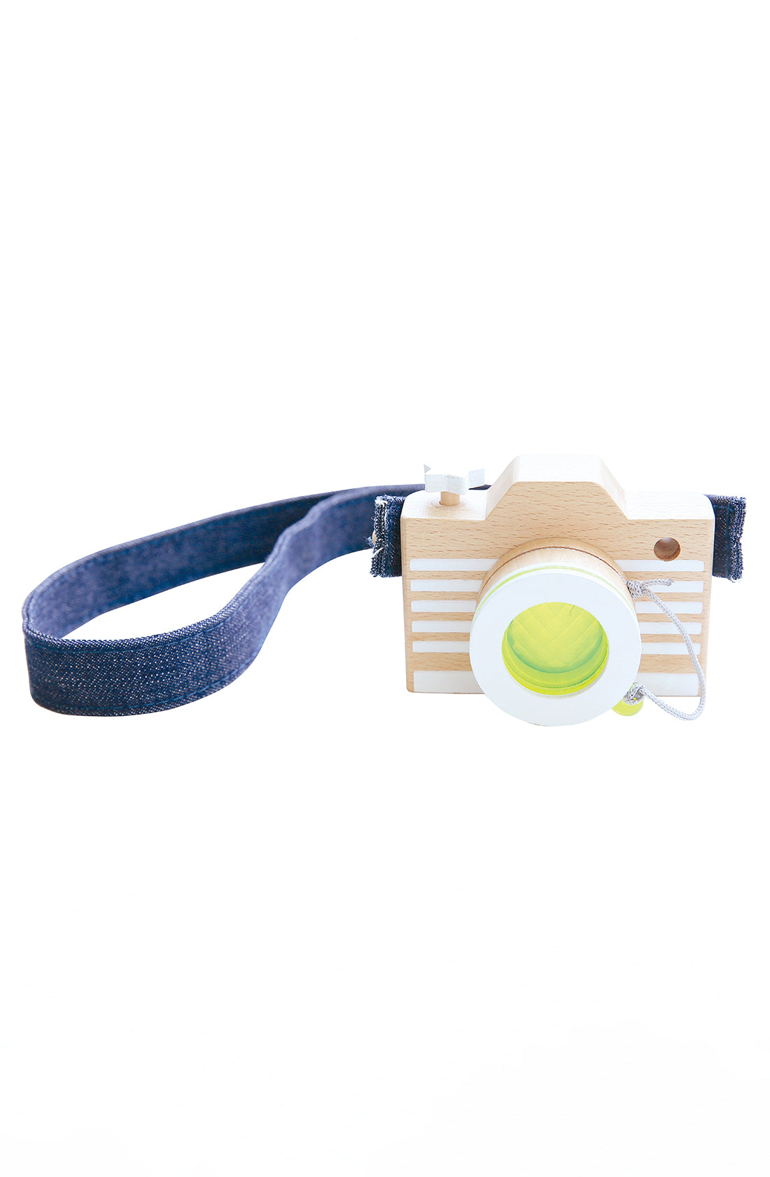 The Kaleidoscope Play Camera Yellow by KIKO & GG is a wooden toy camera with a striped body, a vibrant yellow lens, and a dark blue fabric strap attached to the side. Perfect for your budding kids photographer, this camera features simple details and a minimalist design. The white background ensures the wooden camera steals the spotlight.