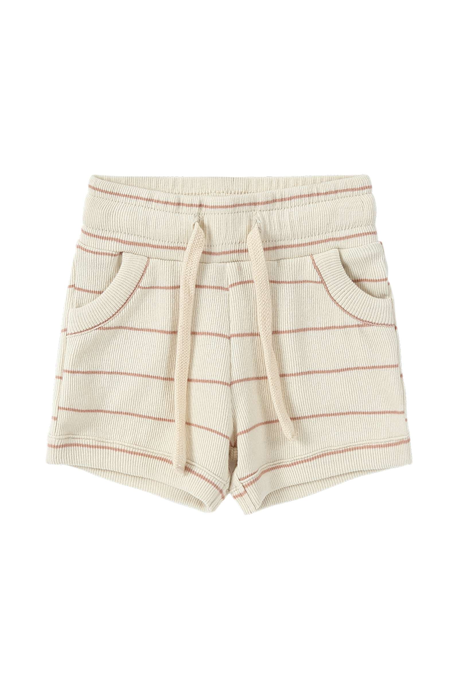 The Shorts Coco Stripe from SUSUKOSHI are a pair of cream-colored, ribbed-knit shorts featuring retro-inspired red horizontal stripes. Made from organic fabric, these shorts include an elastic waistband with a drawstring and two side pockets, offering a simple and casual design perfect for relaxed wear.