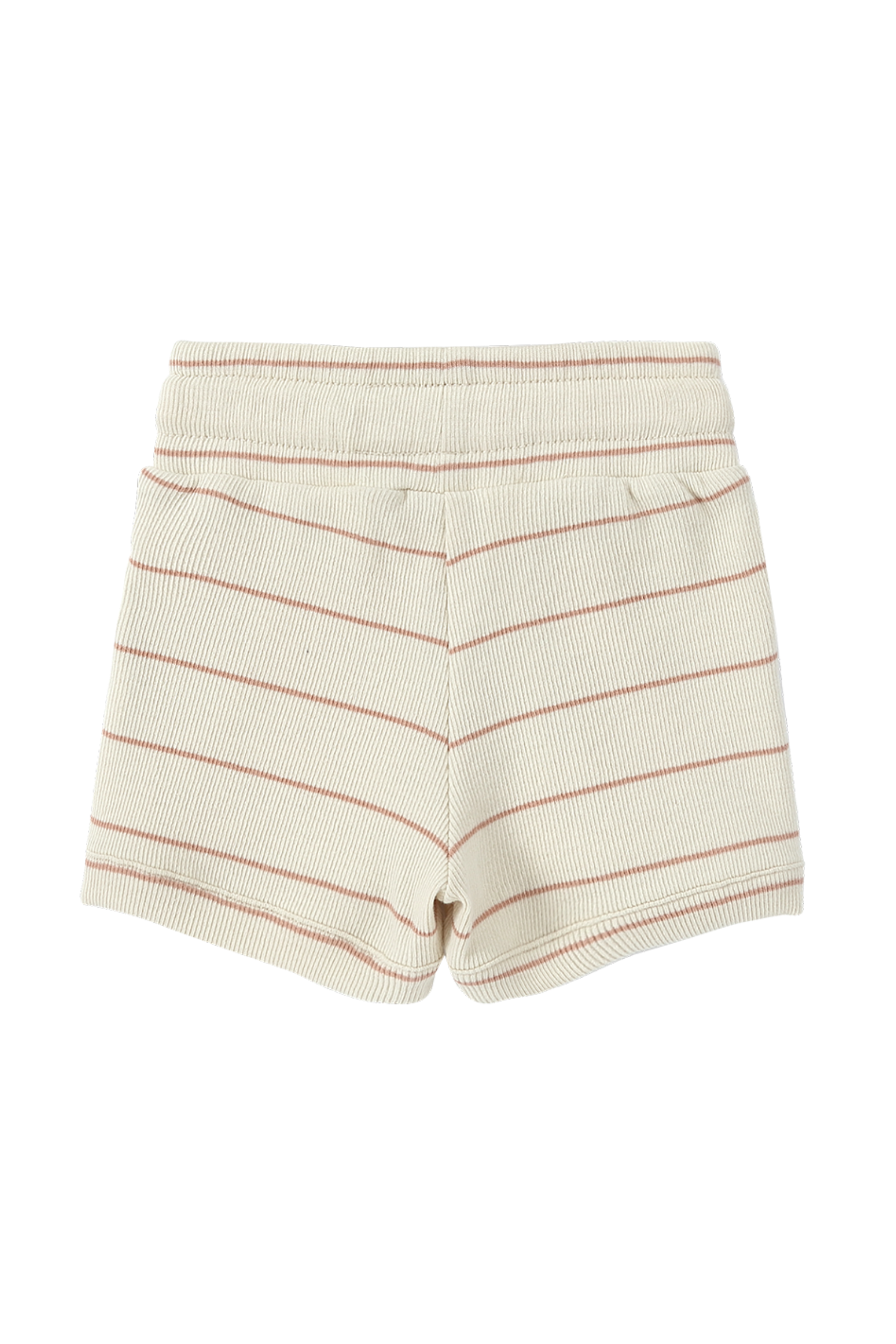 The Shorts Coco Stripe by SUSUKOSHI are retro-inspired, cream-colored shorts with thin horizontal brown stripes, an elastic waistband, and a ribbed texture. They’re crafted from organic fabric for added comfort.