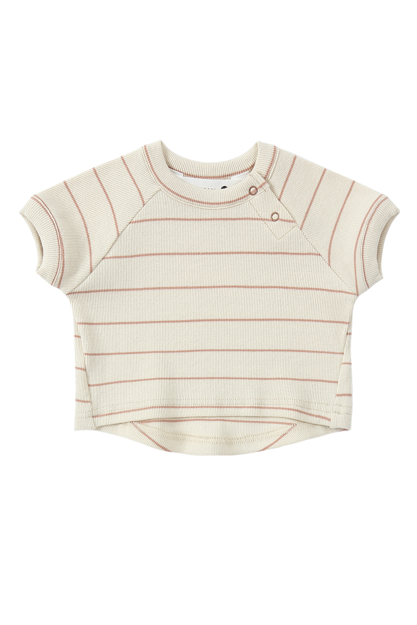 The Boxy Tee Coco Stripe by SUSUKOSHI is a short-sleeved shirt for babies, elegantly crafted from organic cotton in a cream color with thin horizontal red stripes. It offers a comfortable boxy fit, featuring a round neckline and two shoulder buttons, along with a slightly curved hem. Pair it with matching shorts for an extra touch of charm.