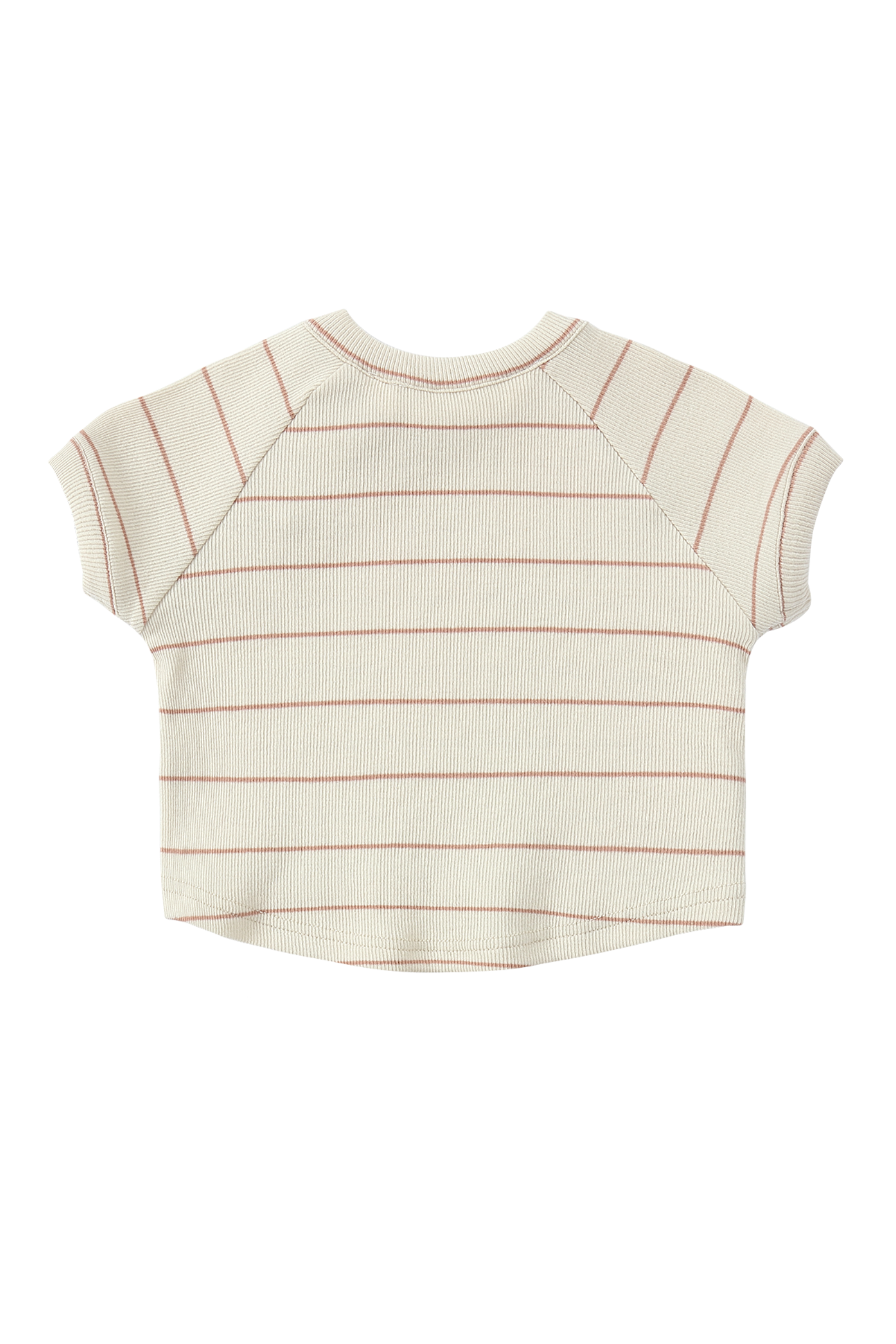 The Boxy Tee Coco Stripe by SUSUKOSHI is a relaxed, short-sleeve top made from organic cotton. It features a crew neckline, slightly curved hemline, and cream-colored fabric with thin horizontal pink stripes. Pair this effortlessly with matching shorts for a coordinated look.