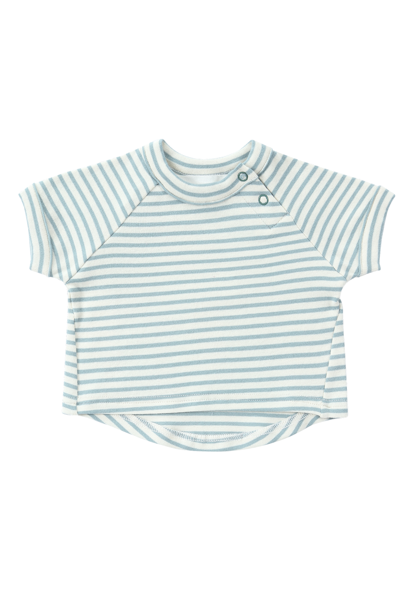 Introducing the Boxy Tee Seaside by SUSUKOSHI: This delightful short-sleeve baby shirt features light blue and white stripes made from organic cotton, with convenient buttons on the shoulder. It showcases a high-low hem and raglan sleeves for a relaxed boxy fit, making it perfect when paired with matching shorts for an adorable outfit.