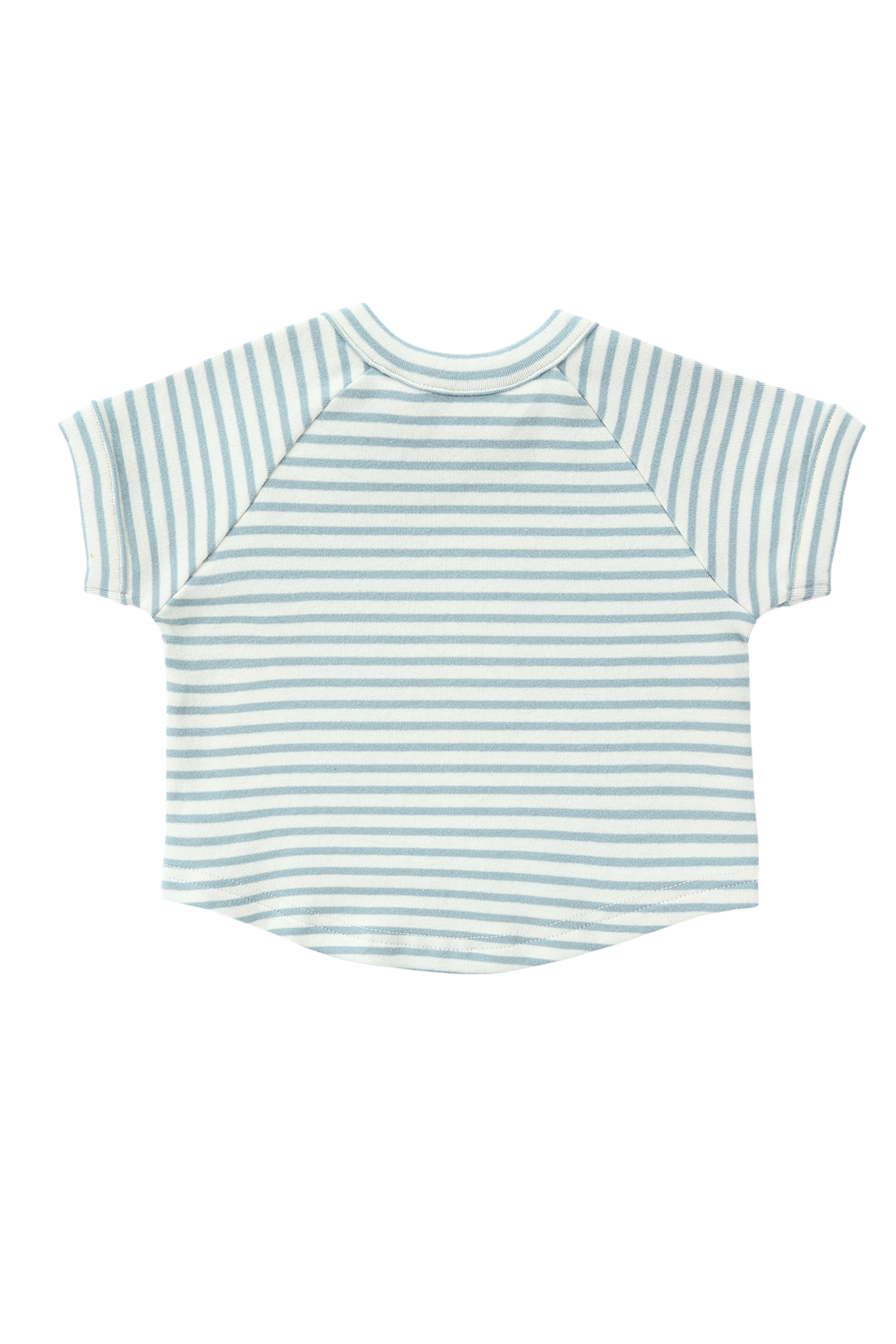 The Boxy Tee Seaside by SUSUKOSHI is a short-sleeved shirt in light blue and white stripes, featuring a relaxed boxy fit. Crafted from organic cotton, its horizontal stripes add a casual touch. Designed with a round collar and loose sleeves, it effortlessly pairs with matching shorts for seamless style when laid flat and viewed from the back.