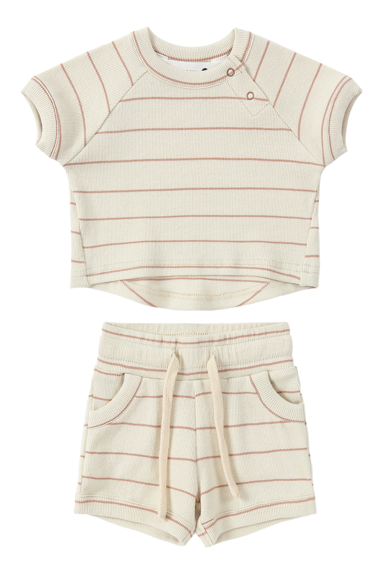 The Boxy Tee Coco Stripe by SUSUKOSHI is a cream-colored toddler outfit made from organic cotton that offers a relaxed, boxy fit. It features pink horizontal stripes and includes a top with snap buttons on the shoulder, paired with matching shorts that have an elastic waistband and drawstring for easy wear.