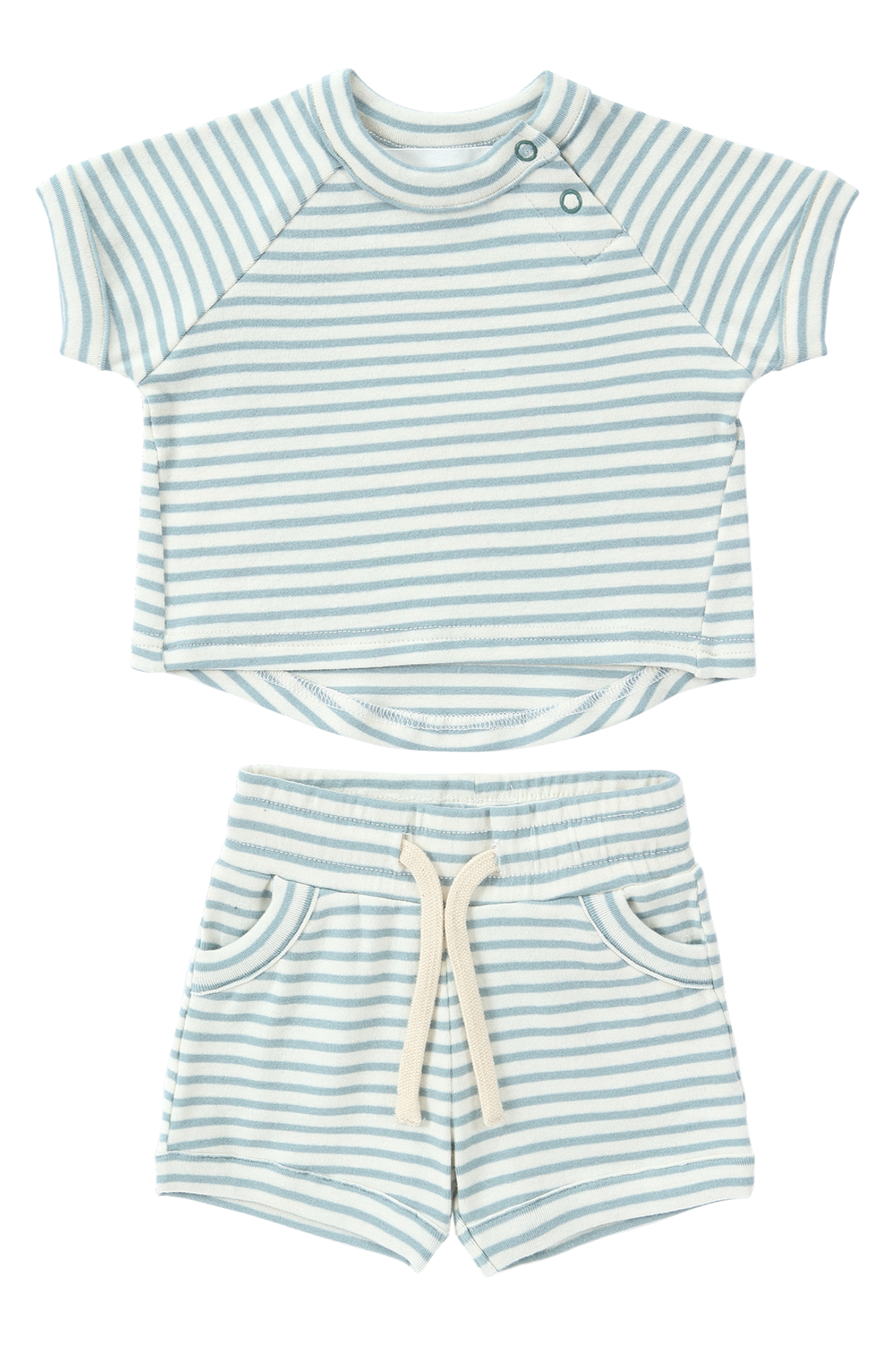 Introducing the **SUSUKOSHI Shorts Seaside**: a delightful child's outfit adorned with light blue and white stripes. The short-sleeve top features a gently curved hem, while the organic shorts come equipped with an adjustable drawstring and convenient pockets.