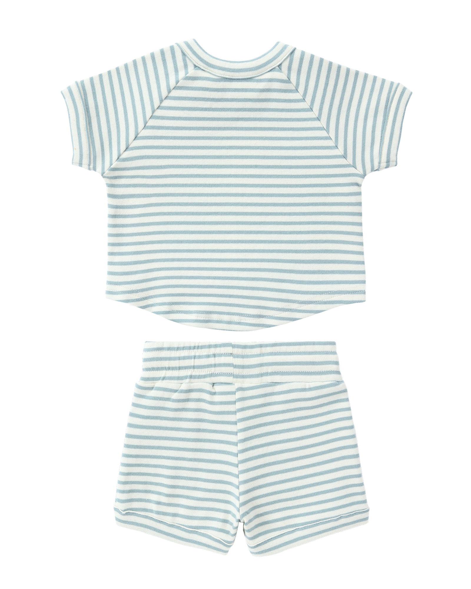 The Boxy Tee Seashore by SUSUKOSHI is a striped baby outfit with a relaxed boxy fit, including a short-sleeved top and shorts in light blue and white. Crafted from soft, organic cotton, it ensures easy dressing for infants and is displayed against a plain black background.