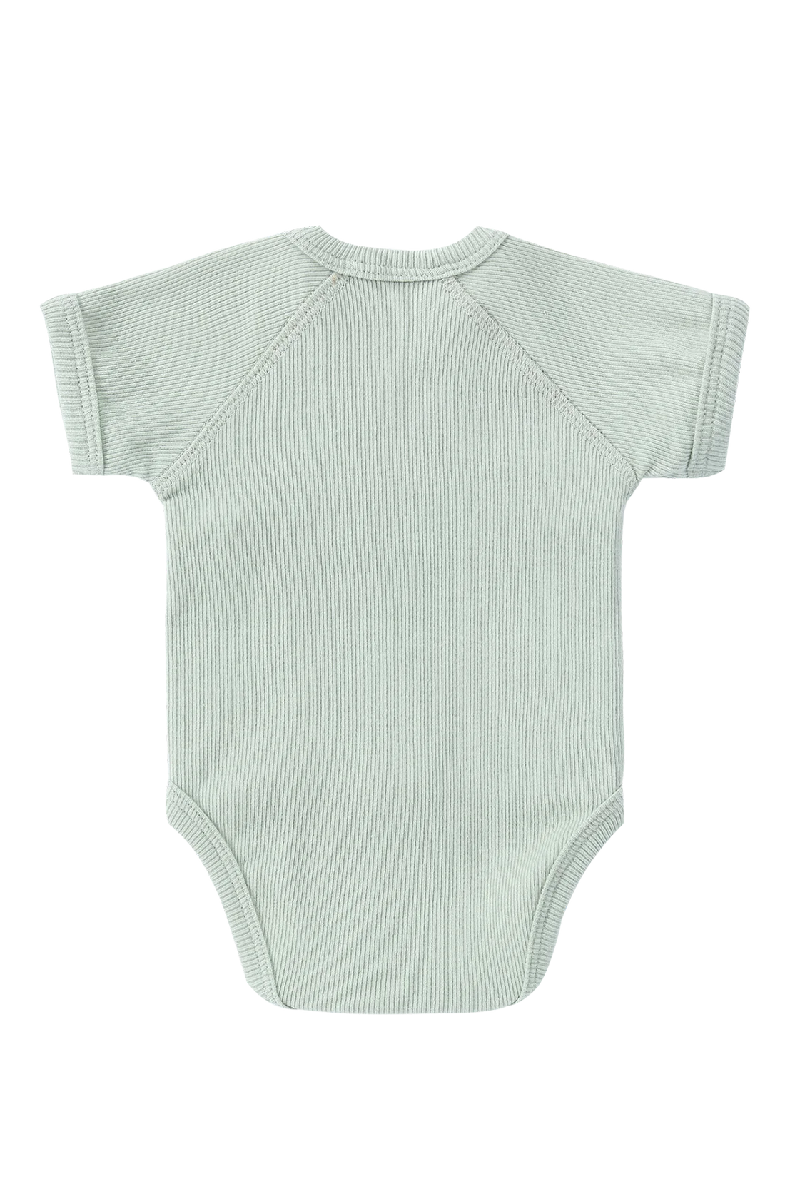 The Kimono Bodysuit SS Sea Mist by SUSUKOSHI is a light sage green baby onesie crafted from organic cotton elastane with ribbed fabric, featuring short sleeves and a round neckline, viewed from the back—perfect for everyday wear.