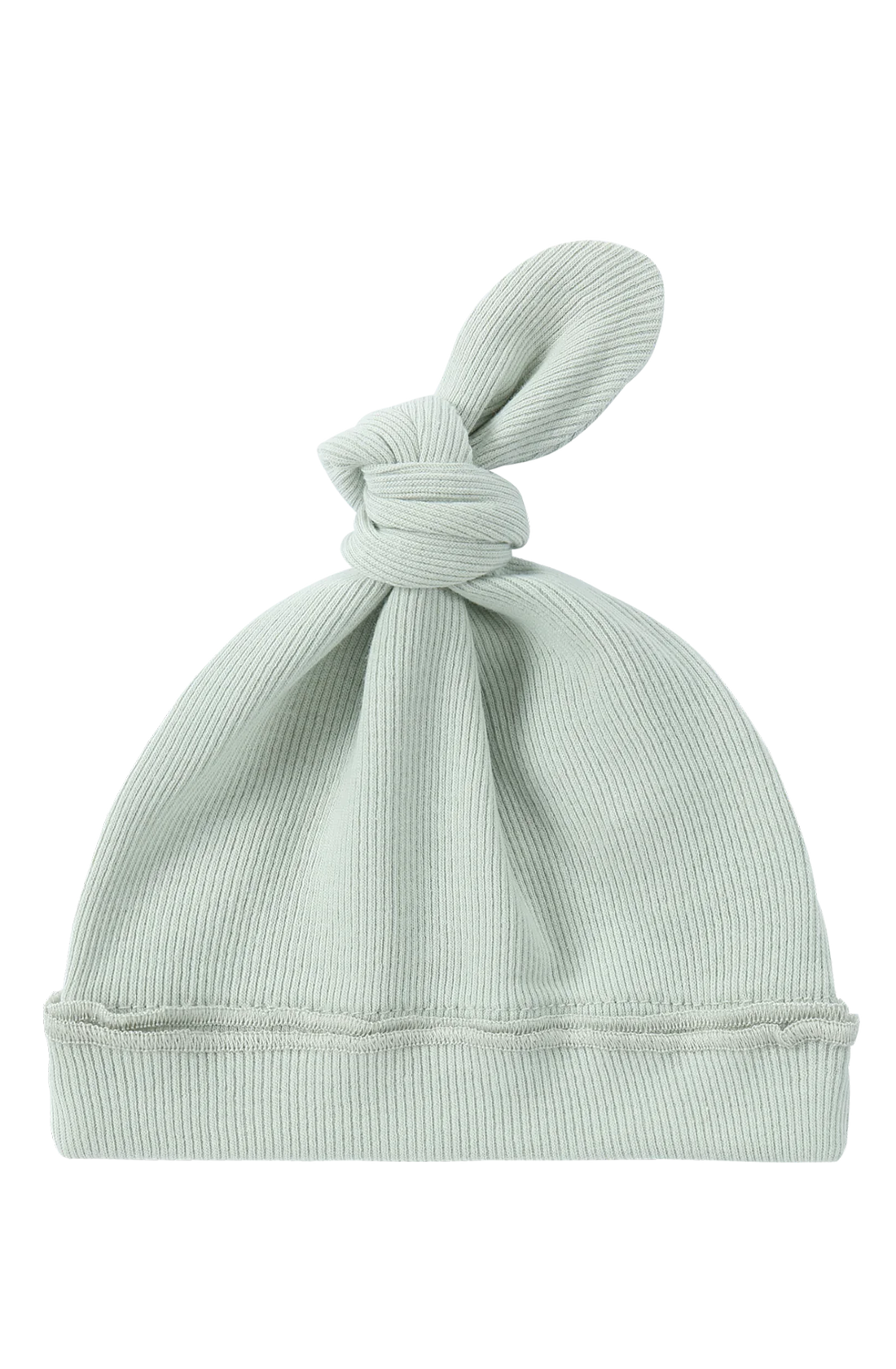 The Knotted Hat Sea Mist by SUSUKOSHI is a light green, ribbed hat made of soft, stretchy organic cotton. This baby accessory features a fold-over brim and minimalist design, giving it a cozy and stylish appearance.