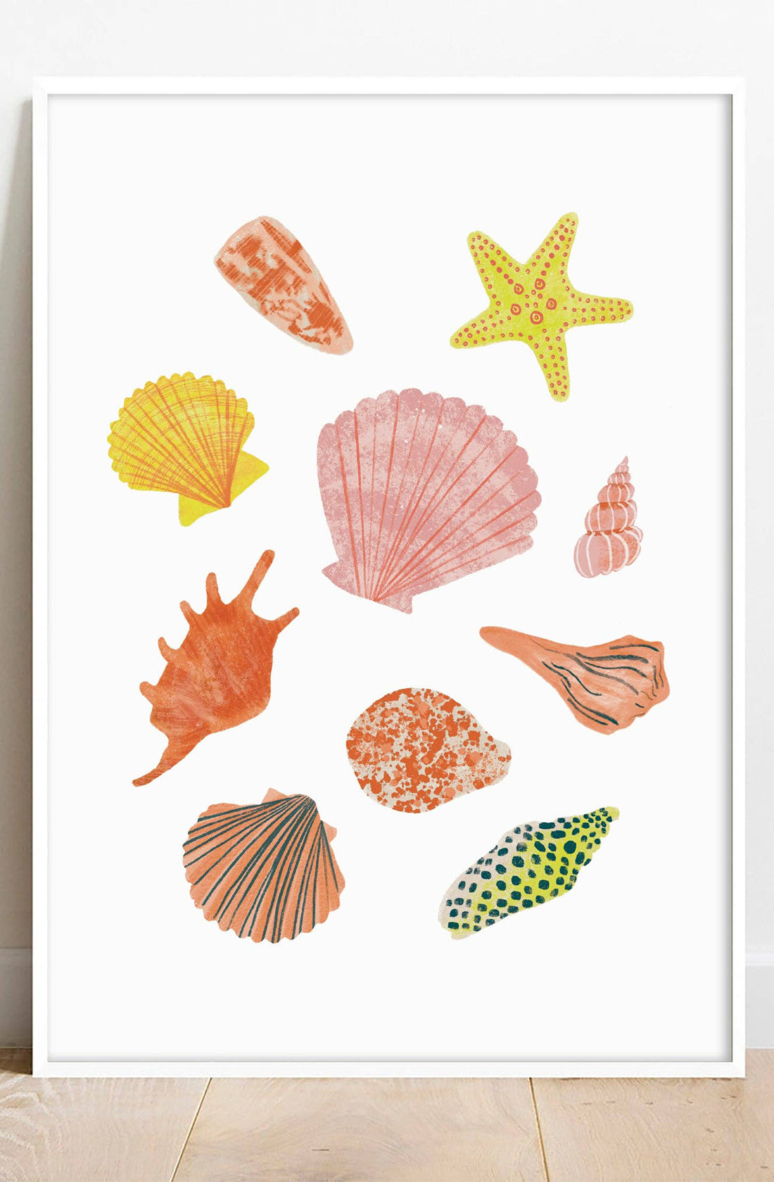 The Seashell Wall Art Print from LAUREN SISSONS STUDIO is a minimalistic illustration showcasing various colorful sea shells and a starfish, set against a white background. Printed on high-quality archival matte paper in A4 size, this collection features different shapes and patterns in hues of pink, orange, yellow, green, and brown, all neatly arranged within a white frame.