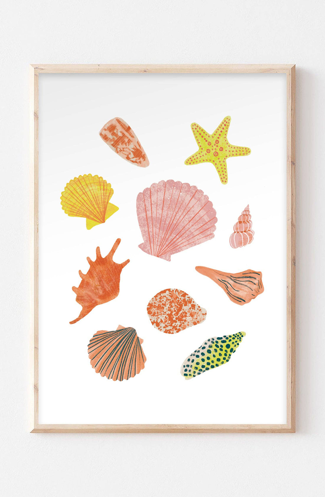 Introducing the Seashell Wall Art Print by LAUREN SISSONS STUDIO, a beautifully framed illustration featuring an array of sea creatures and shells, including a starfish, various seashells, and a snail shell, all set against a white background. The vibrant illustrations in pink, yellow, orange, and green are printed on high-quality archival matte paper. Suitable for A4 size frames.