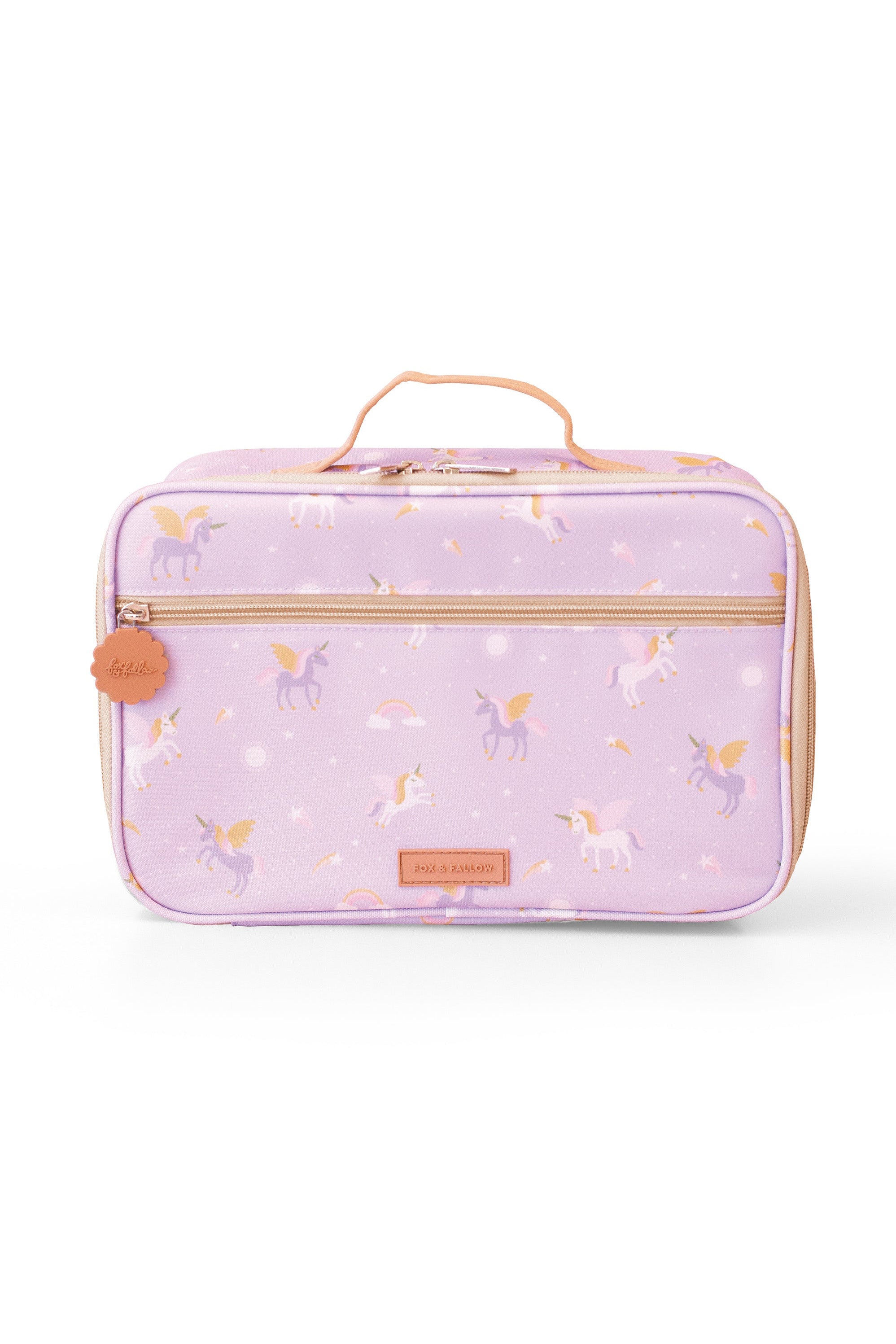 The Unicorns Lunch Bag by FOX & FALLOW is a pastel purple bag made from waterproof fabric, showcasing a charming pattern of pegasus figures, stars, and moons. It includes a zippered front pocket, a main compartment, and a tan handle on top. The circular tag on the zipper adds to its appeal as the ultimate kid-approved accessory.