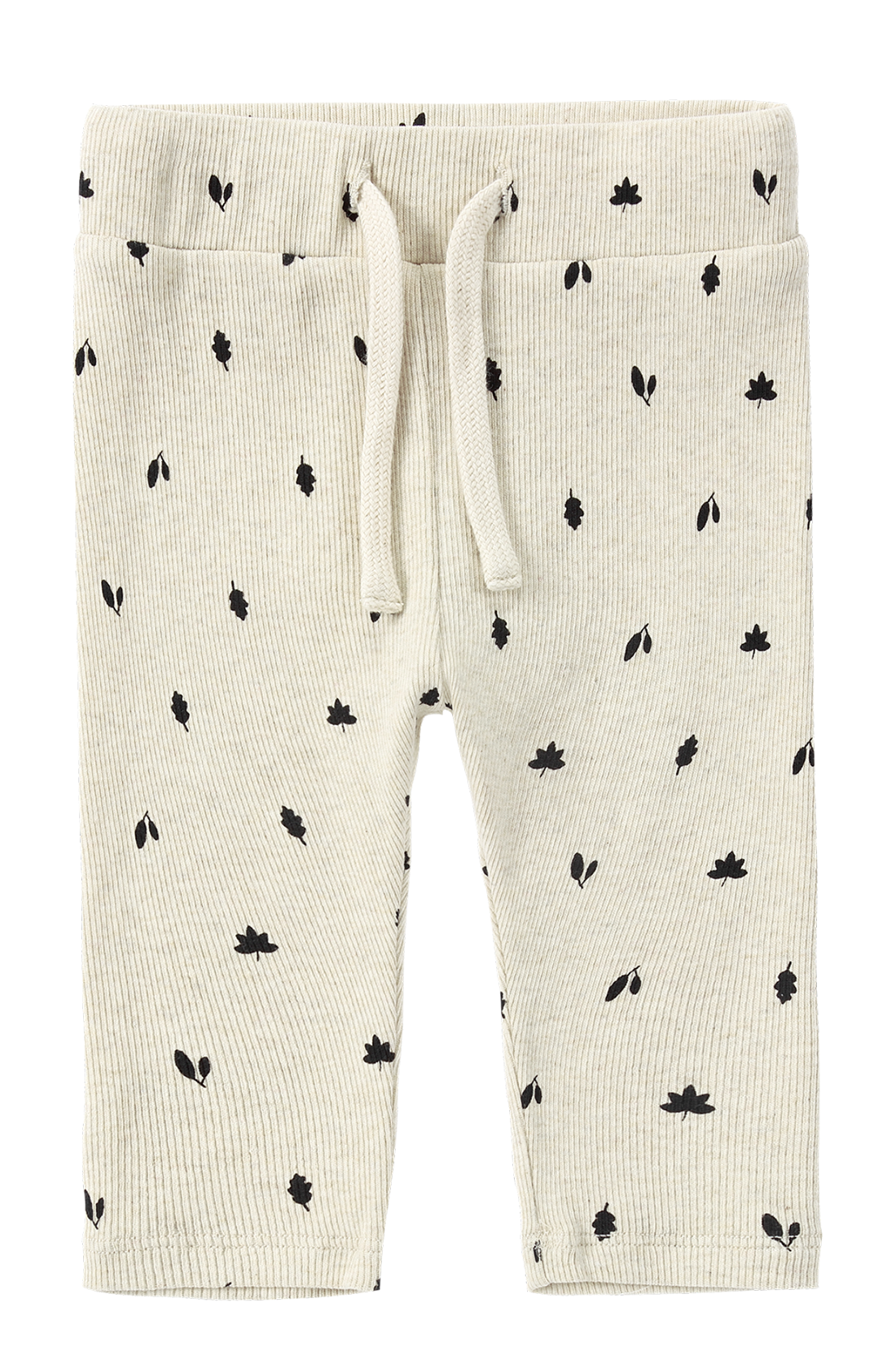 The Drawstring Leggings Fall Leaves by SUSUKOSHI are beige ribbed baby pants, ethically crafted from organic cotton and adorned with a black leaf and acorn pattern.