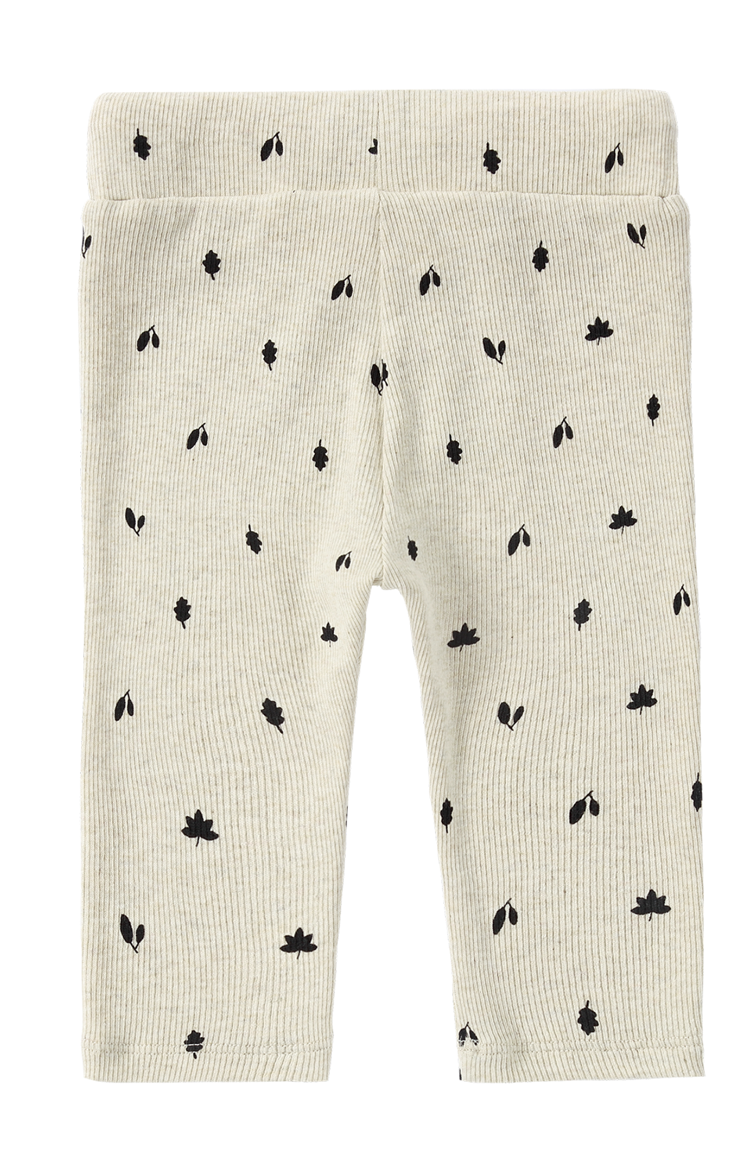 SUSUKOSHI's Drawstring Leggings Fall Leaves: Beige ribbed toddler leggings featuring a black scattered leaf pattern, ethically made from organic cotton.