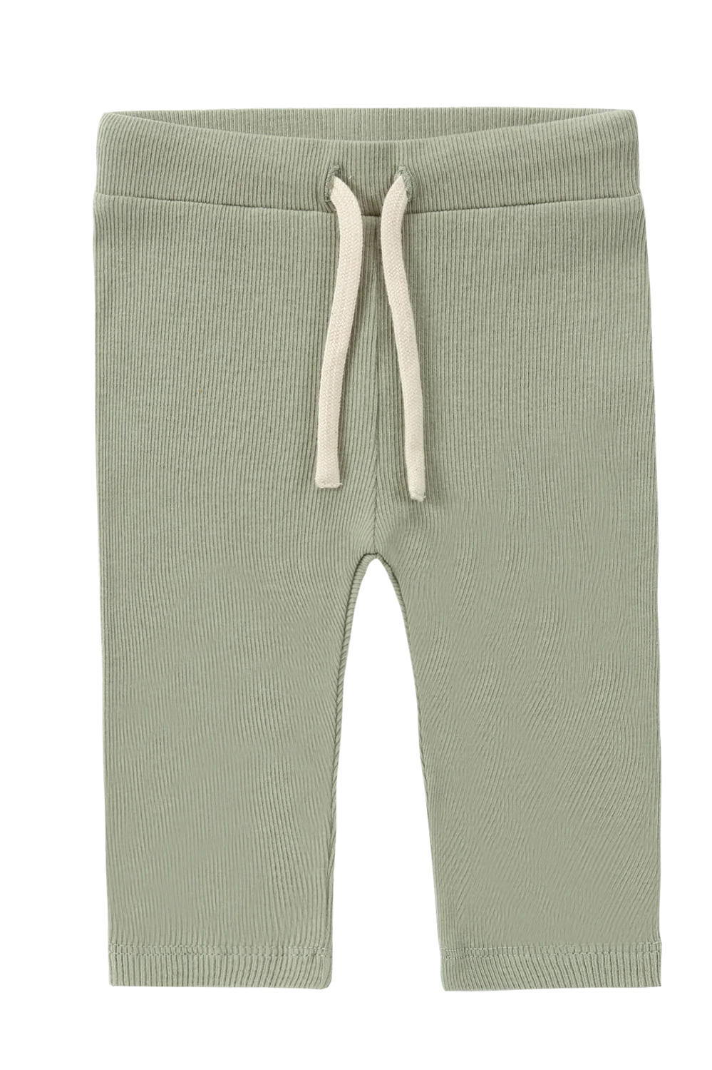 Presenting SUSUKOSHI's Drawstring Legging in Sage—ribbed baby pants designed with a soft, organic cotton fabric for optimal comfort and flexibility, featuring a white drawstring. Ethically crafted to ensure the best for your little one.