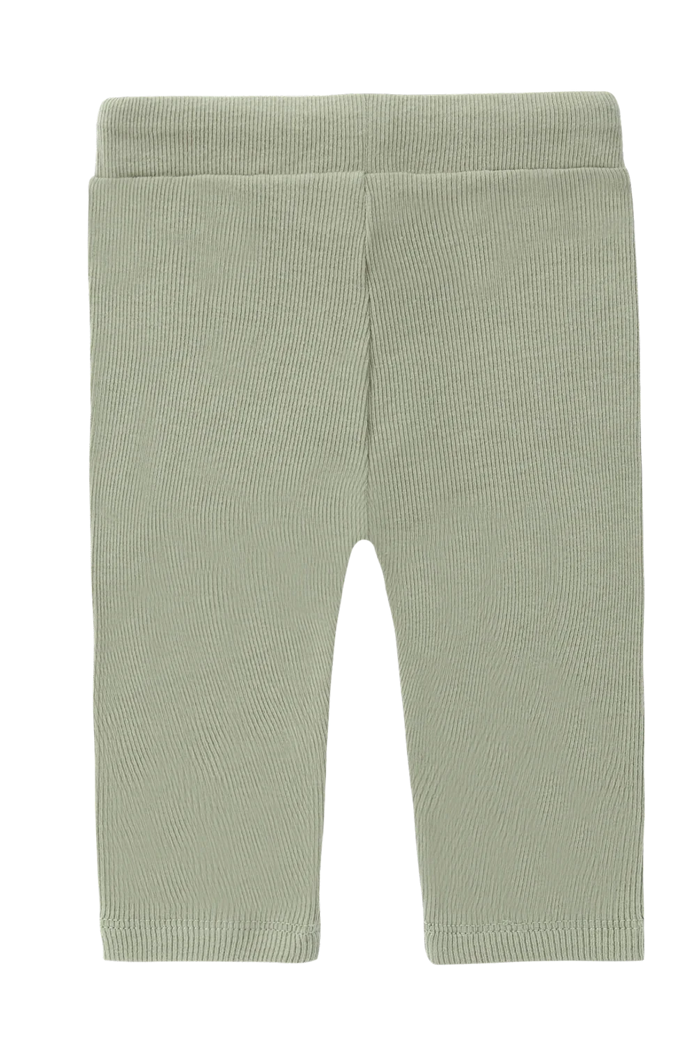 A pair of SUSUKOSHI's Drawstring Legging in Sage, Size 0-3M, crafted from organic cotton with a ribbed texture, is displayed on a white background. They have an elastic waistband and straightforward design, ideal for casual wear.