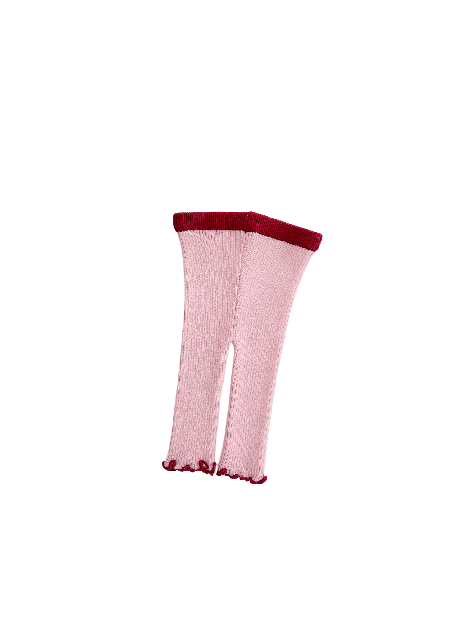 A pair of Ziggy Lou - Leggings Lola by ZIGGY LOU in pink ribbed knit with dark red trim and ruffled edges at the bottom, shown on a plain black background.