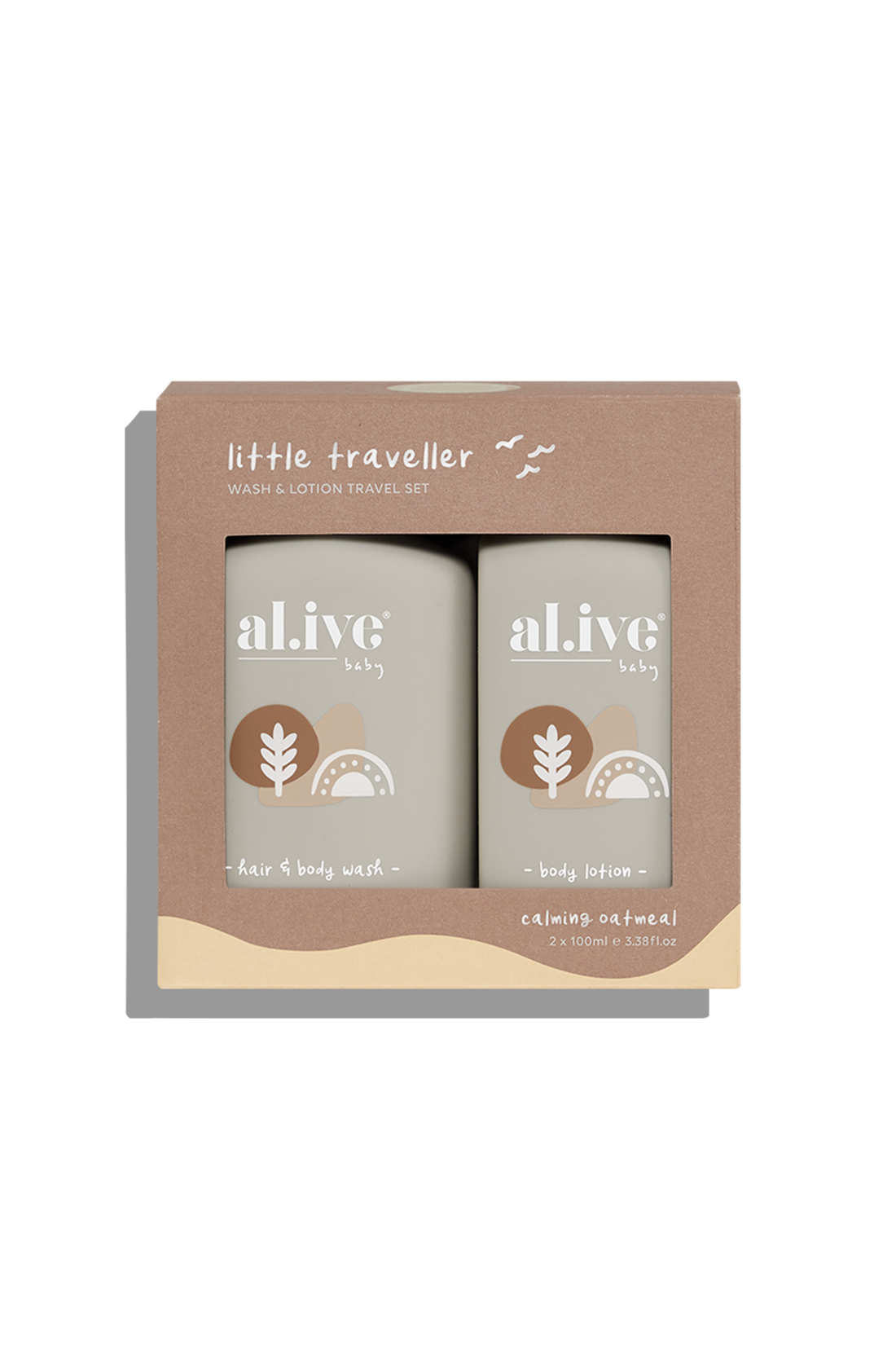 The al.ive body little traveller wash and lotion travel set in brown and yellow packaging.