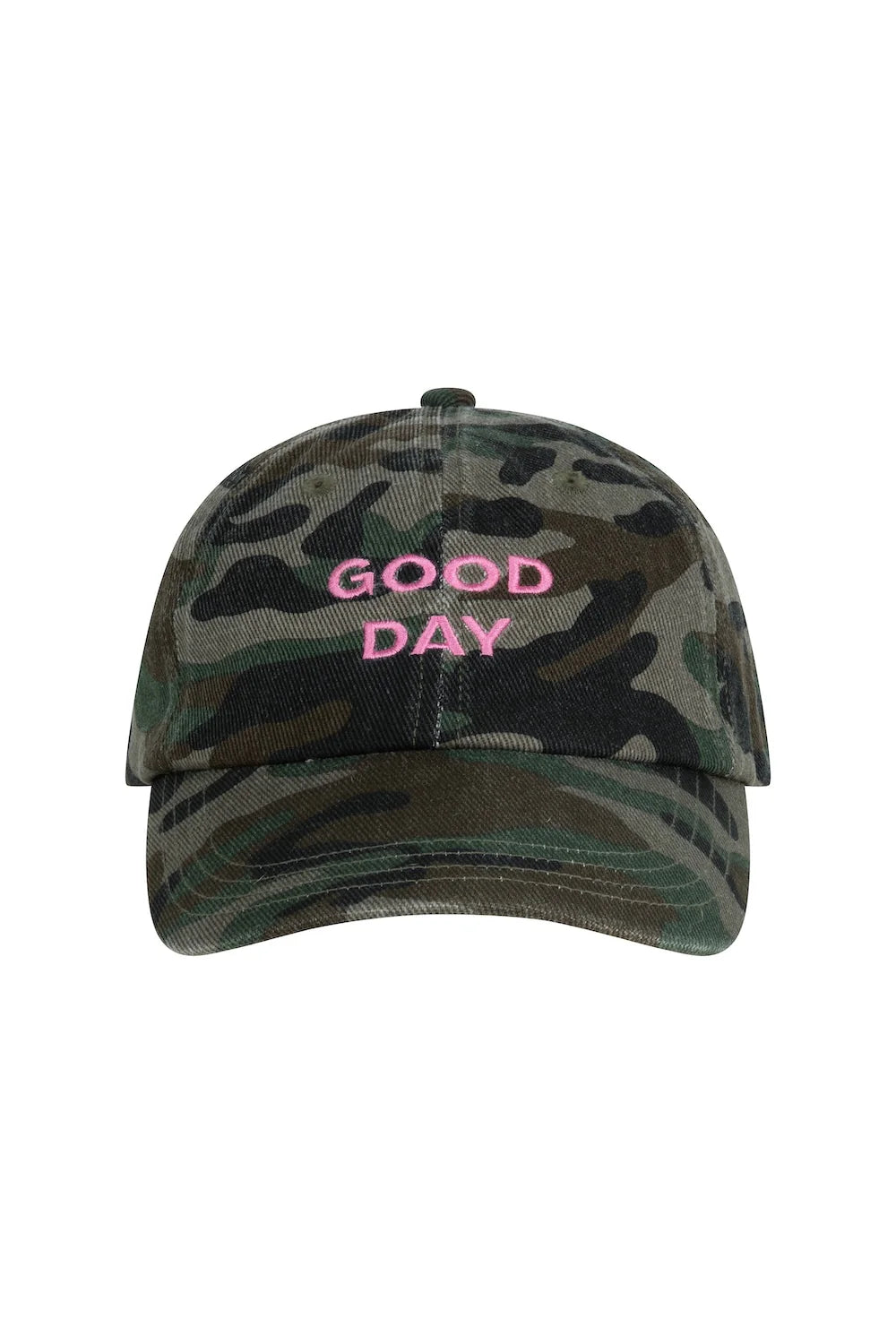 The Lenn Label ~ Good Day Cap by LENN LABEL is a camouflage cotton canvas cap with "GOOD DAY" in pink embroidery on the front. This adjustable cap guarantees a perfect fit for any adventure.