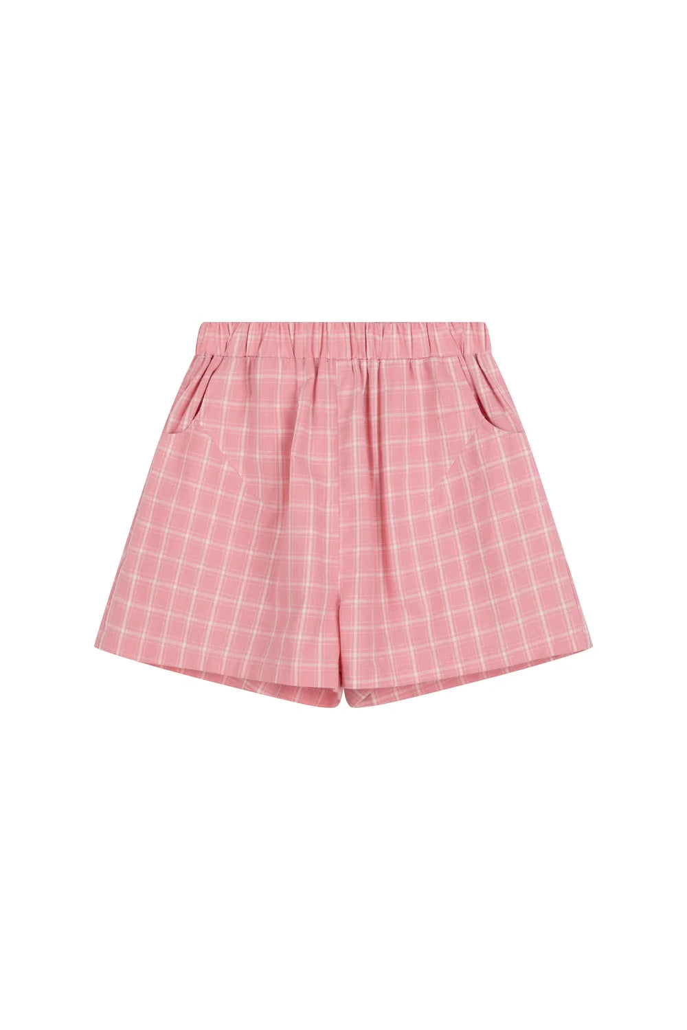 The Check Short Lemonade by LENN LABEL showcases a stylish white plaid pattern on pink, crafted from soft cotton. Designed with an elastic waistband and front pockets for comfort, these shorts are set against a pristine white background for display.